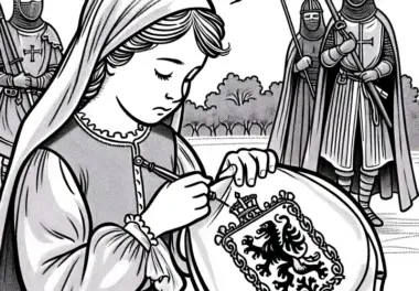 Mädchen stickt Wappen in Tuch – Ausmalbild Kreuzzüge gratis