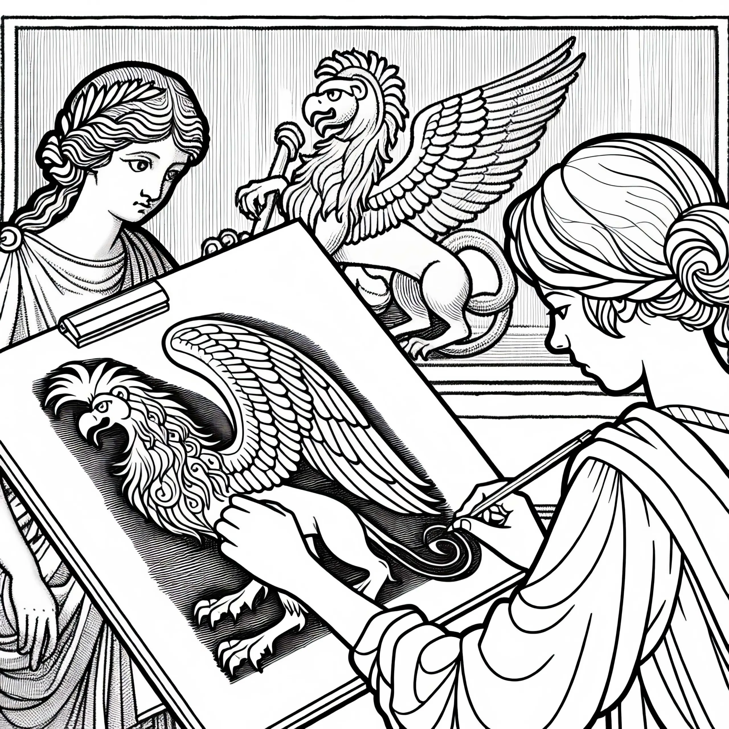 Mädchen zeichnet Greif Malvorlage römische Mythologie gratis (Ausmalbild)