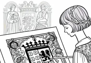 Mädchen zeichnet Wappen – Malvorlage Ritterorden gratis