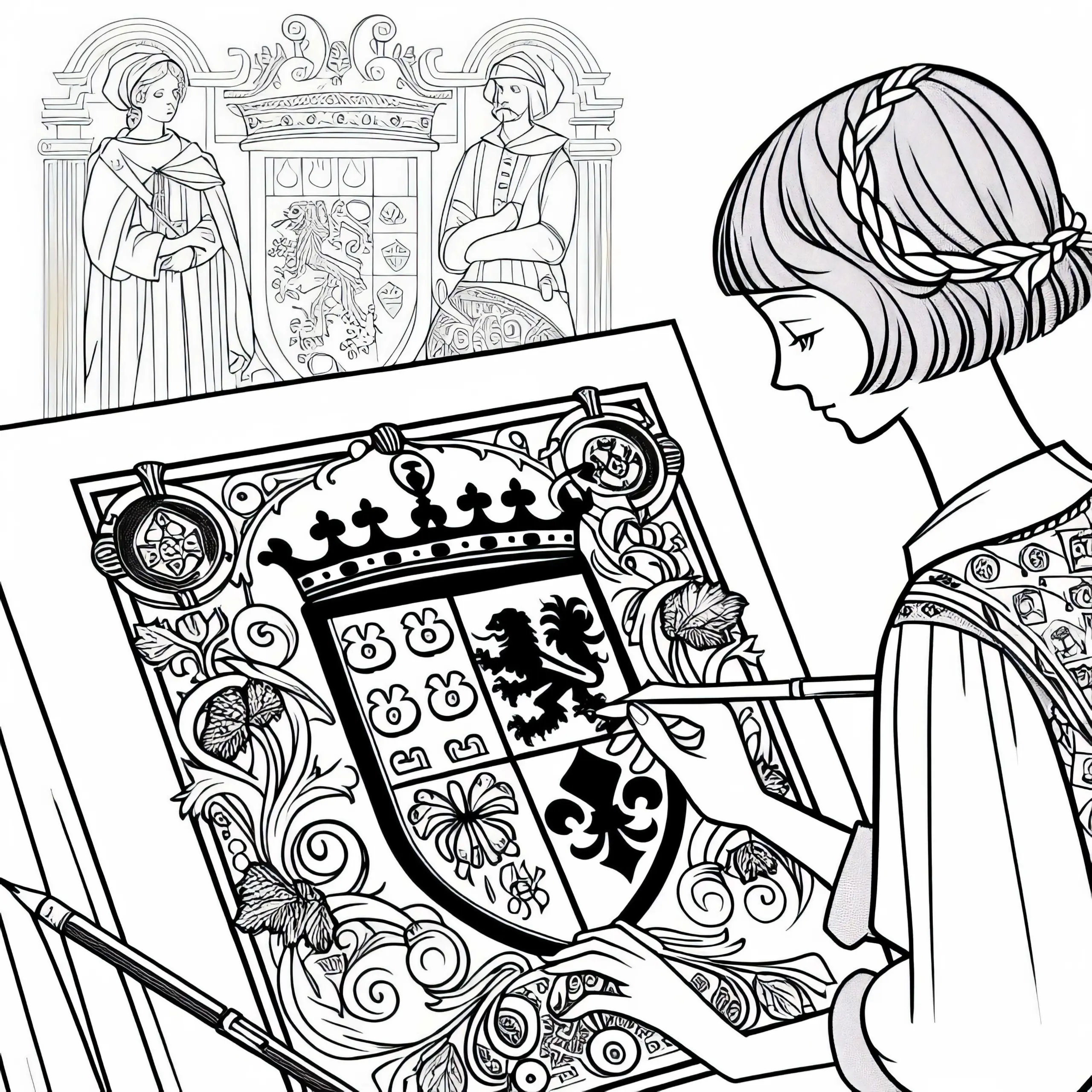 Mädchen zeichnet Wappen – Malvorlage Ritterorden gratis (Ausmalbild)