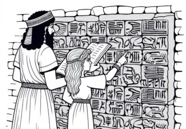 Mädchen zeigt auf Steinwand mit Keilschriftzeichen – Malvorlage Hethiter kostenlos