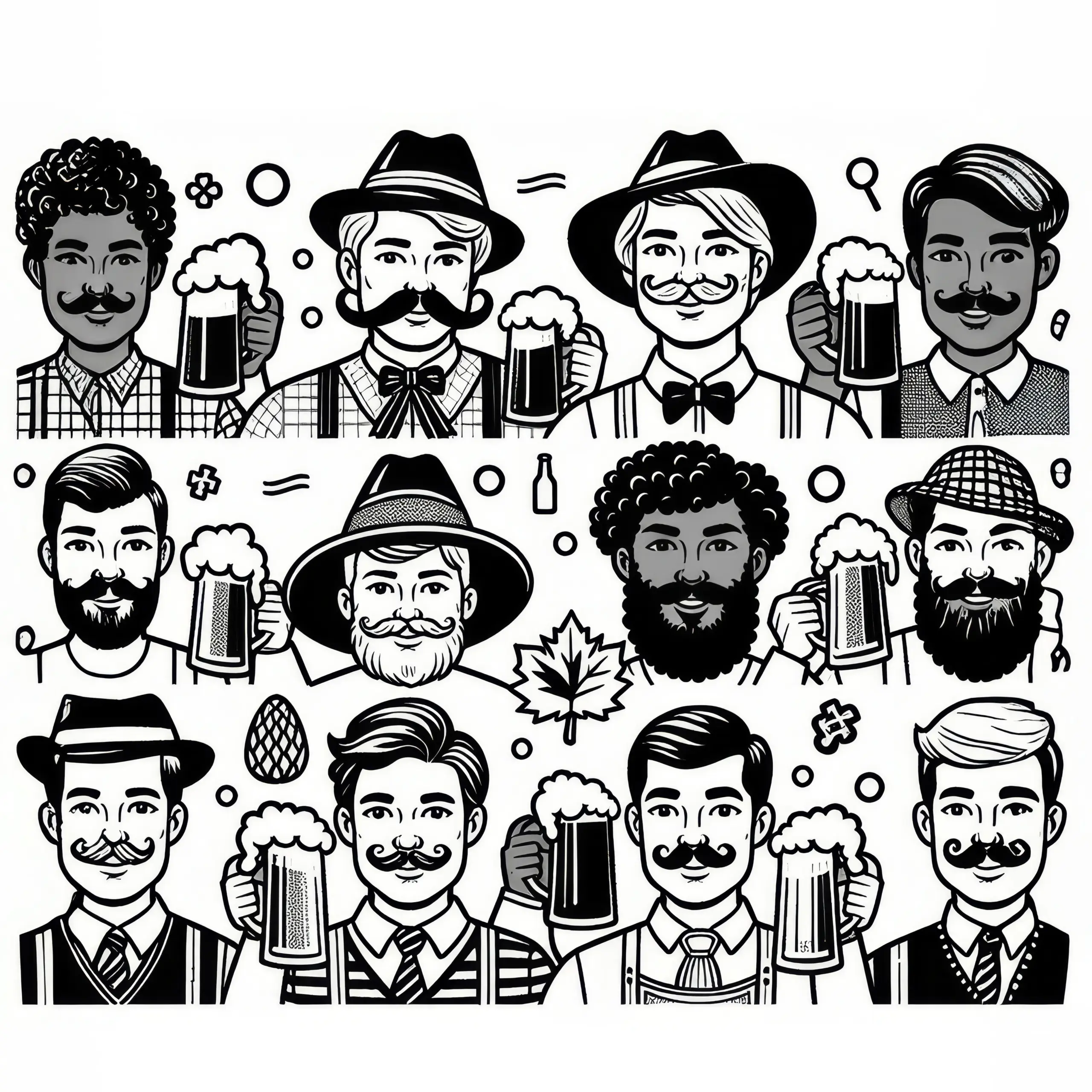 Männer mit Bierkrug und Schnurrbart beim Oktoberfest: Ausmalbild zum Download (Gratis)