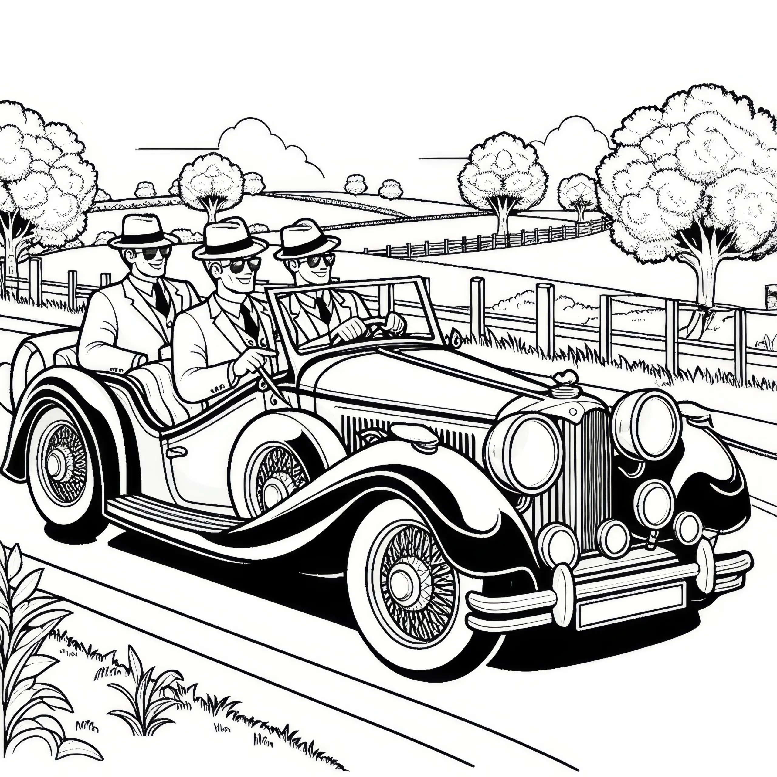 Männer fahren im klassischen Oldtimer über Landstraße am Männertag: Ausmalbild zum Download (Gratis)