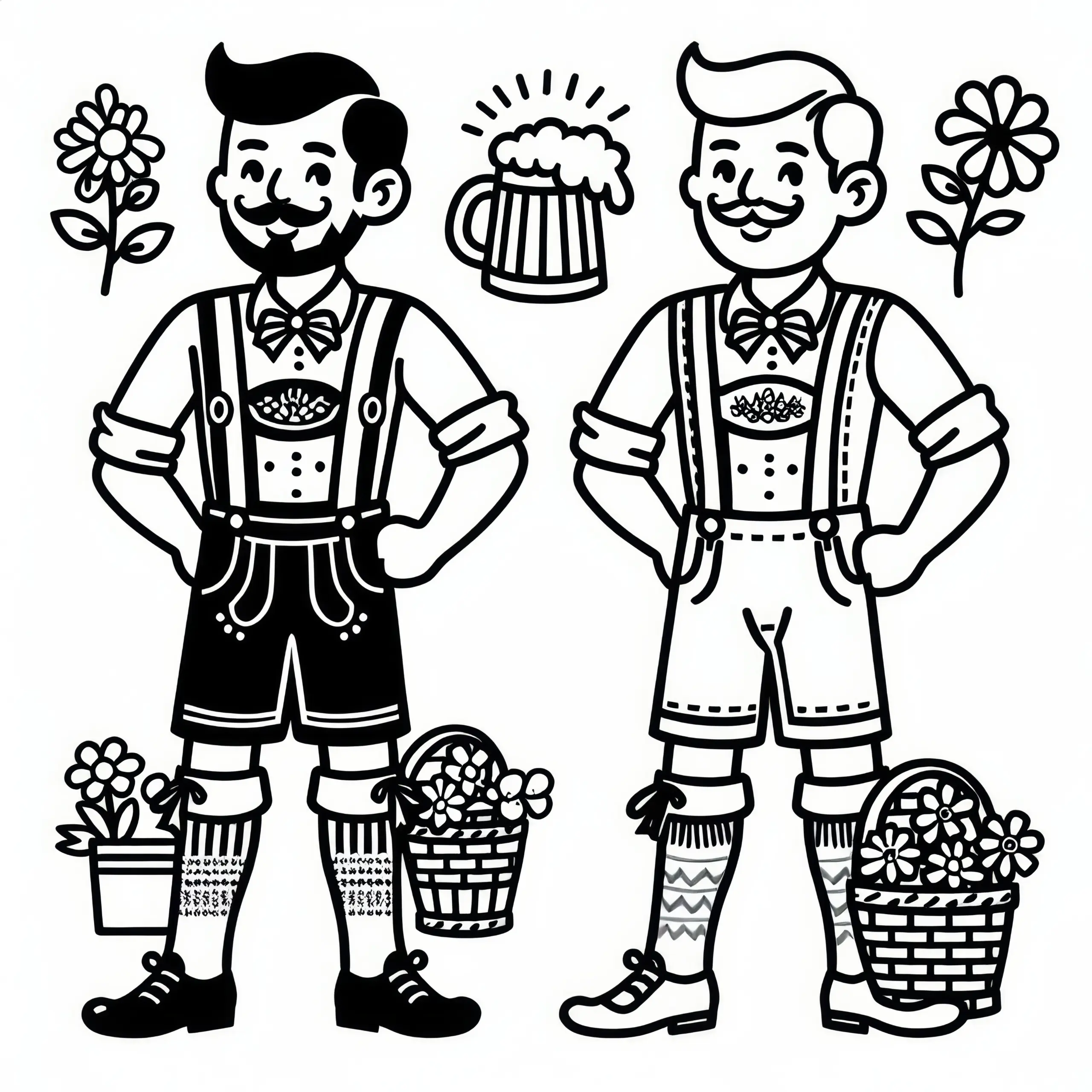 Männer in Lederhose zum Oktoberfest: Einfaches Ausmalbild (Gratis)