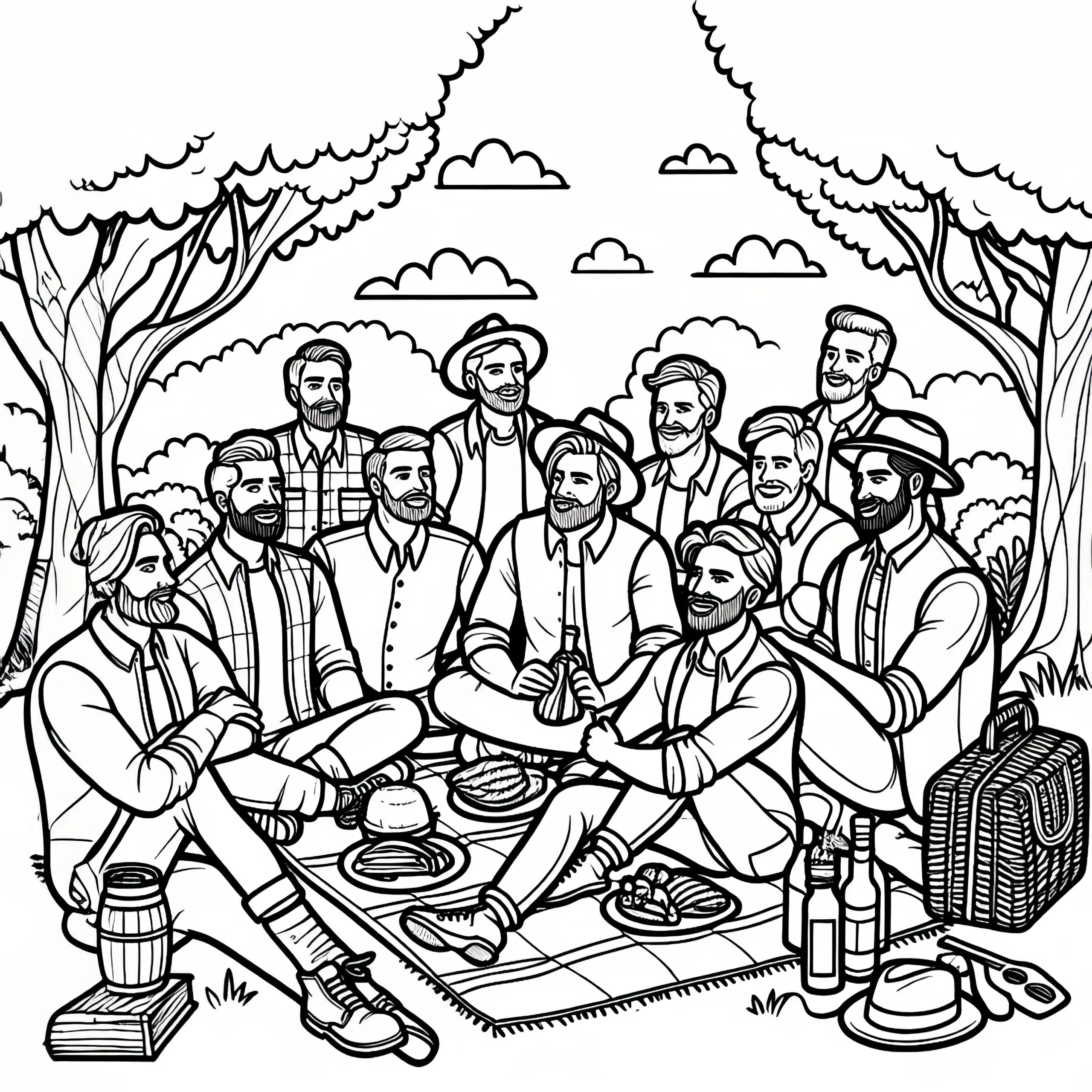 Männer sitzen auf Decke bei einer Brotzeit am Männertag: Malvorlage zum Download (Gratis) (Ausmalbild)