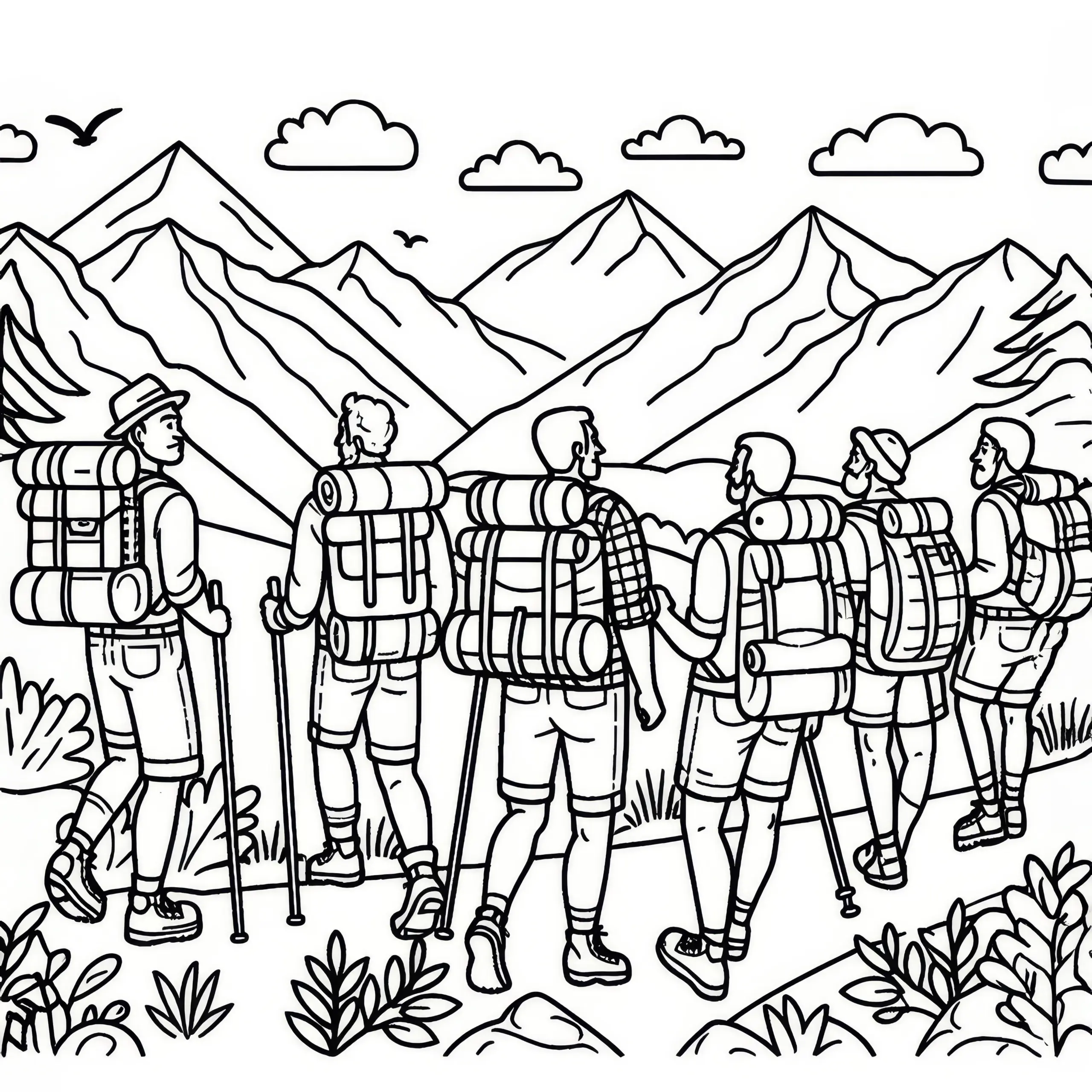 Gruppe Männer mit Rucksäcken und Wanderstöcken auf dem Bergweg am Männertag (Kostenlos) (Ausmalbild)