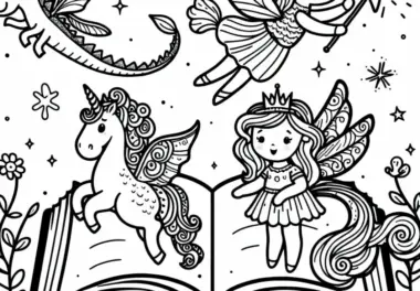 Märchenbuch mit fliegenden Figuren – Ausmalbild für Mädchen ab drei kostenlos