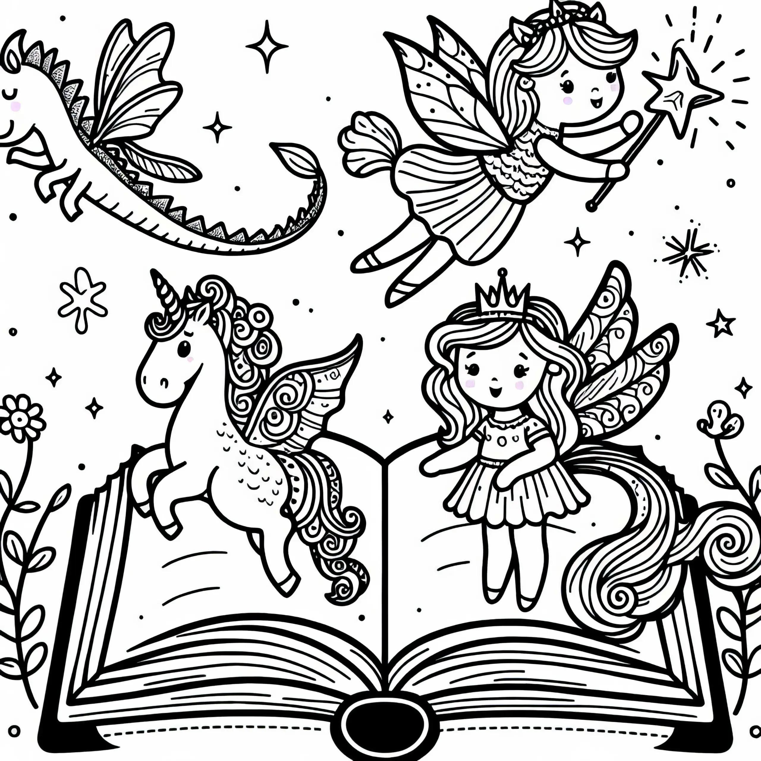 Märchenbuch mit fliegenden Figuren – Ausmalbild für Mädchen ab drei kostenlos
