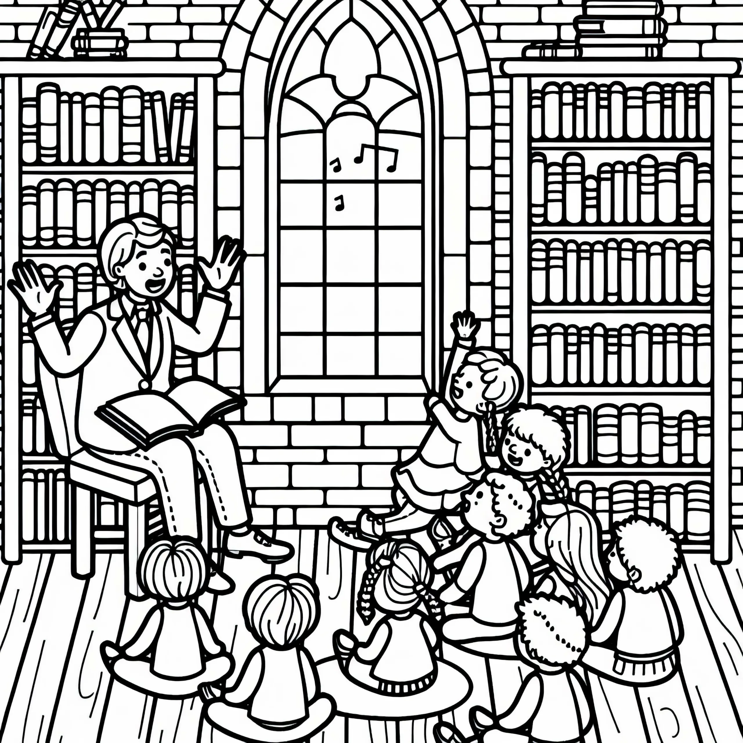 Märchenerzähler erzählt Geschichten in der Bibliothek – Malvorlage kostenlos (Ausmalbild)