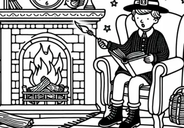 Märchenerzähler sitzt im Sessel vor dem Kamin – Ausmalbild kostenlos