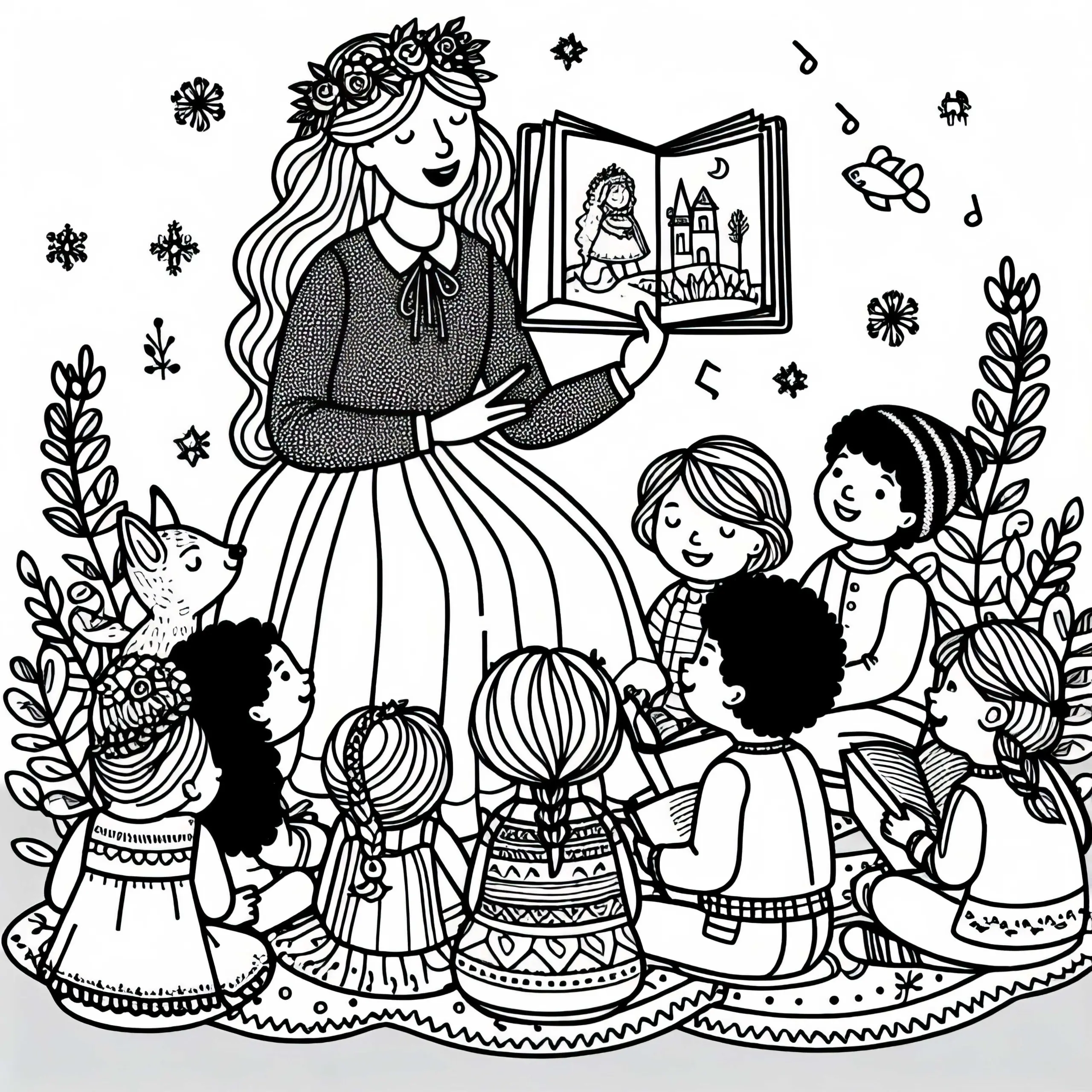 Märchenerzählerin liest Kindern Märchenbuch vor – Malvorlage gratis (Ausmalbild)