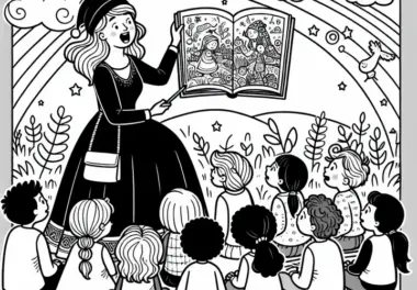 Märchenerzählerin zeigt Kindern Illustrationen aus Buch – Ausmalbild gratis