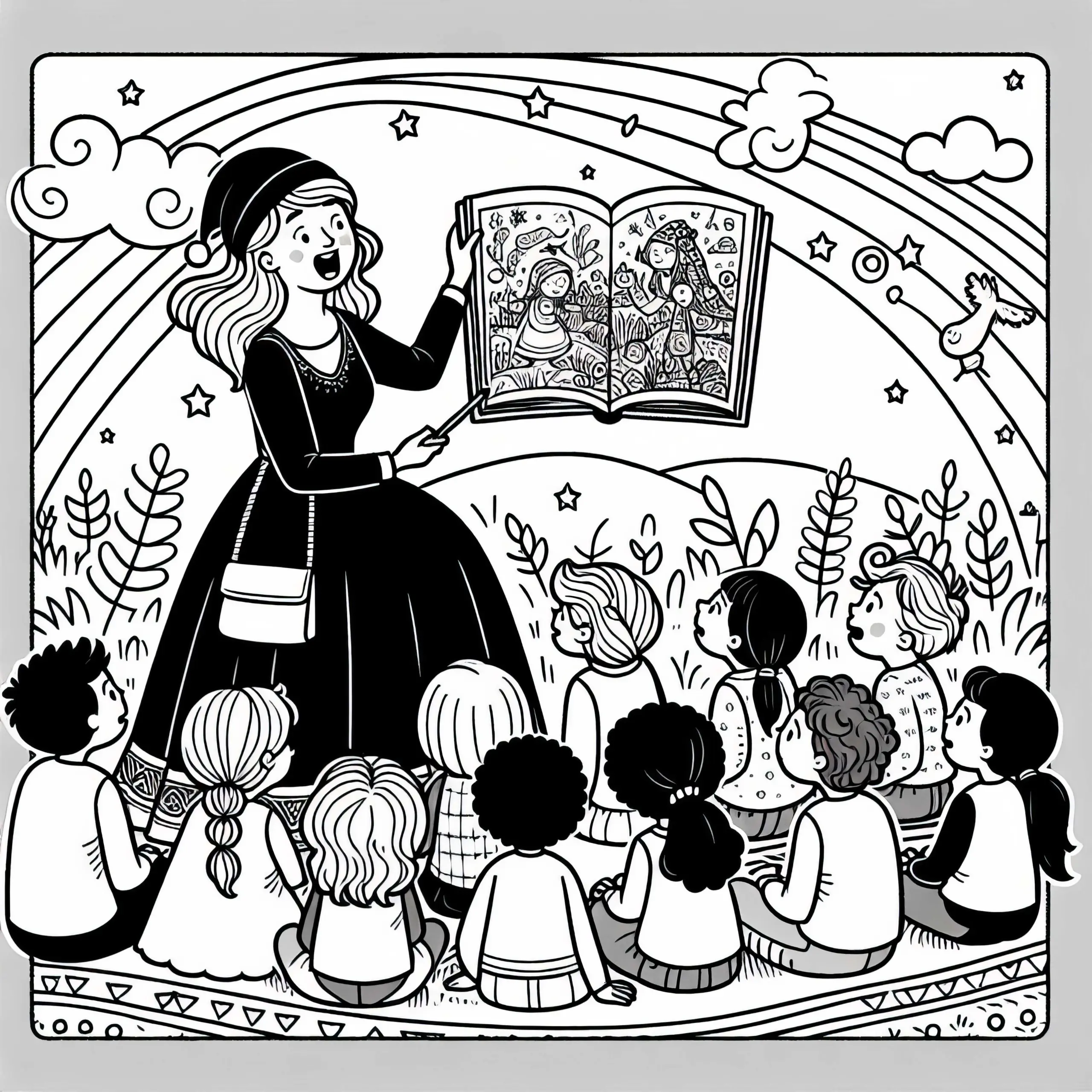 Märchenerzählerin zeigt Kindern Illustrationen aus Buch – Ausmalbild gratis