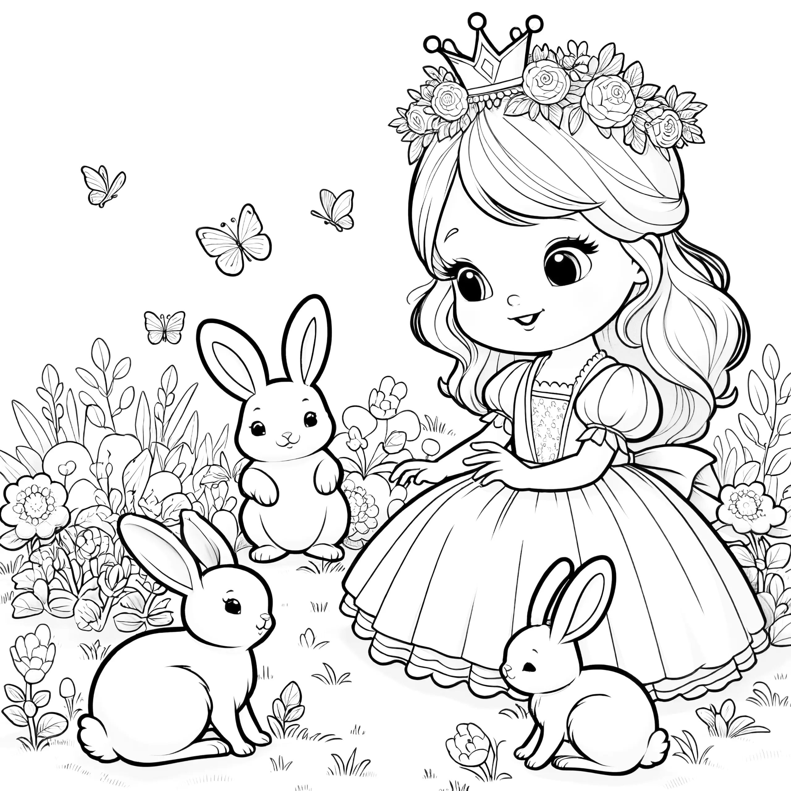 Märchenhaft: Kleine Prinzessin mit Schmetterlinge und Hasen (Kostenlos) (Ausmalbild)