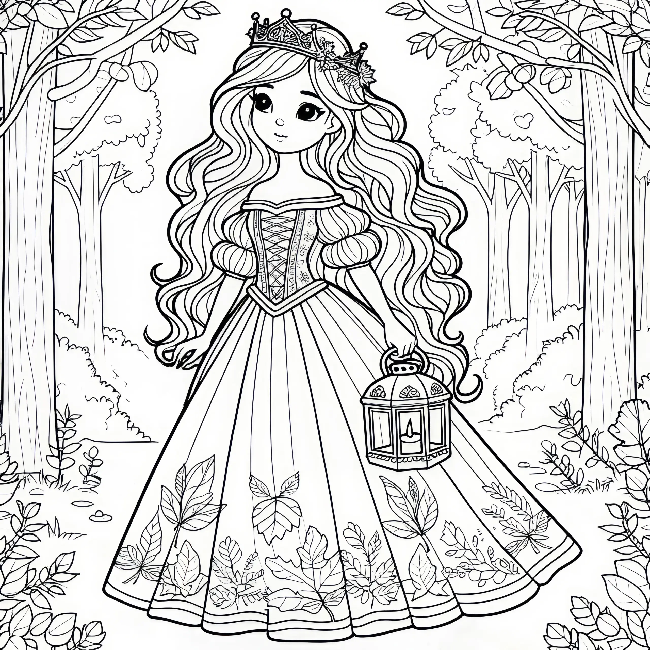 Märchenhafte Malvorlage: Prinzessin im Wald mit Laterne (Kostenlos) (Ausmalbild)