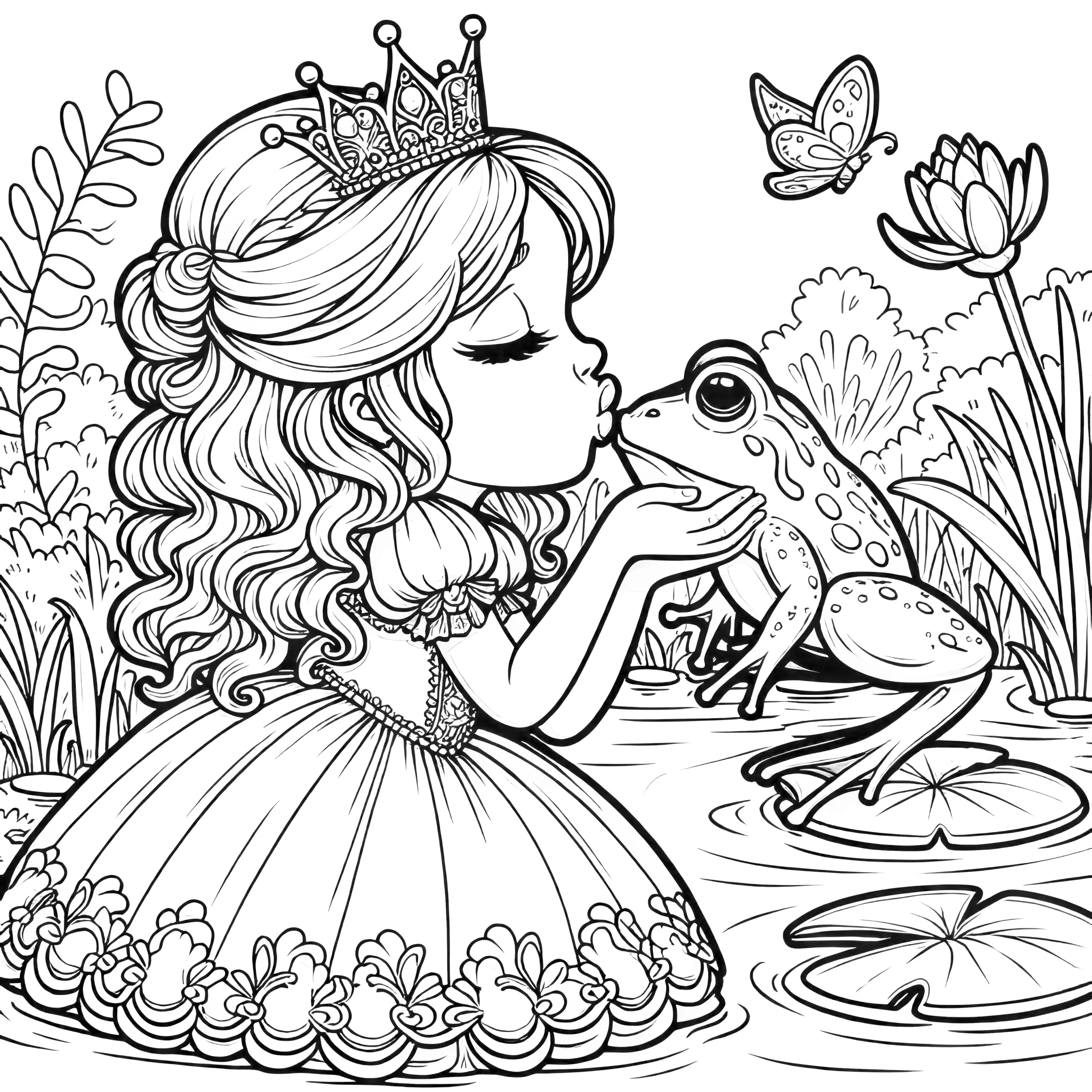Märchenhafter Ausmalspaß: Prinzessin küsst Frosch (Bild kostenlos) (Ausmalbild)