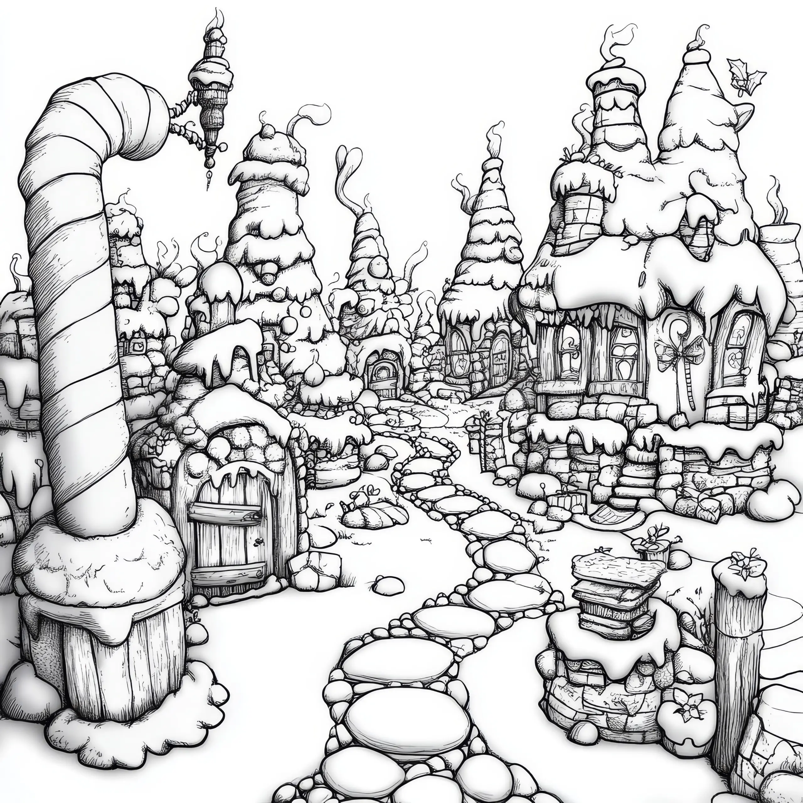 Märchenhaftes Winterdorf im Wunderland: Ausmalbild jetzt herunterladen (Gratis)