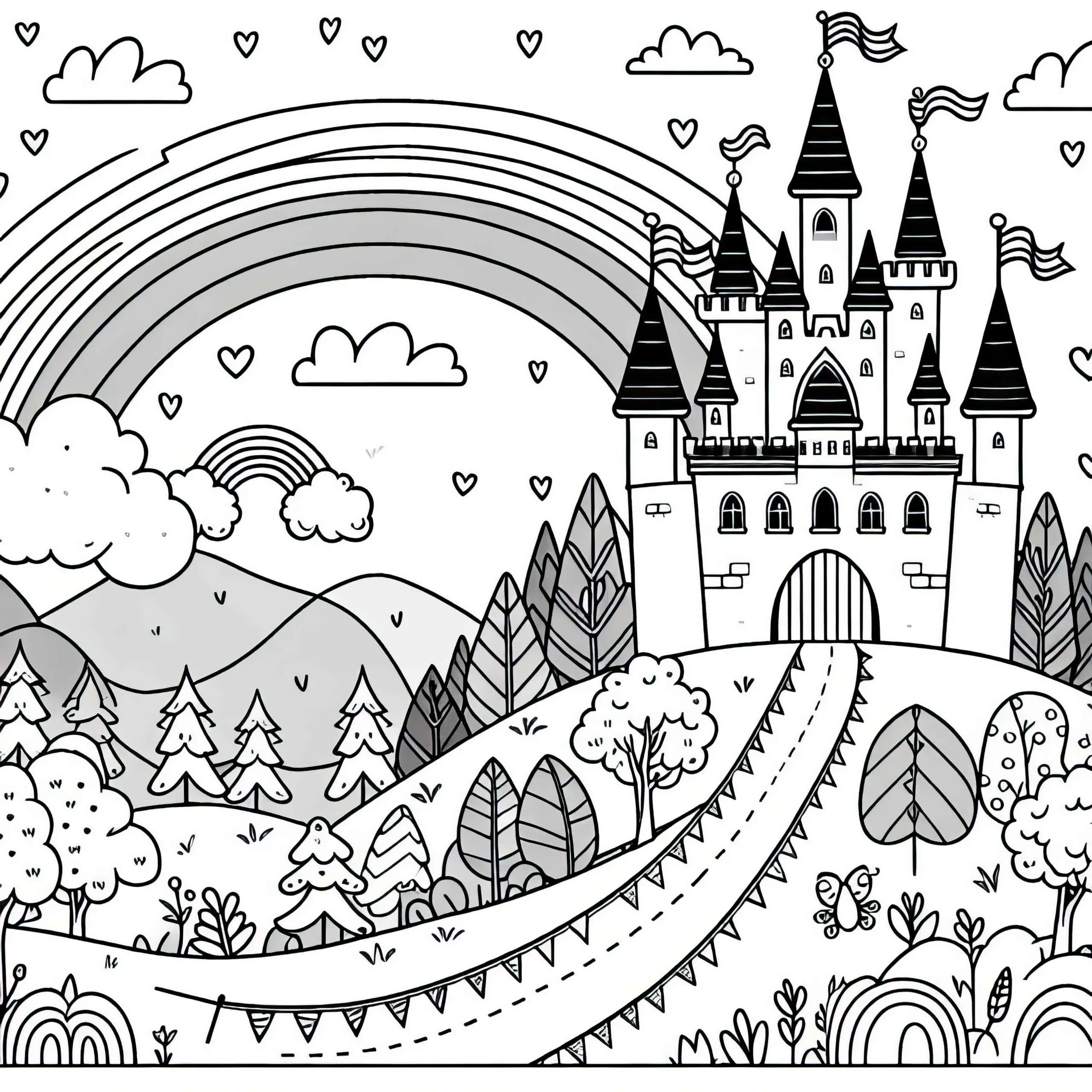 Märchenschloss auf Hügel mit Regenbogen – Ausmalbild kostenlos