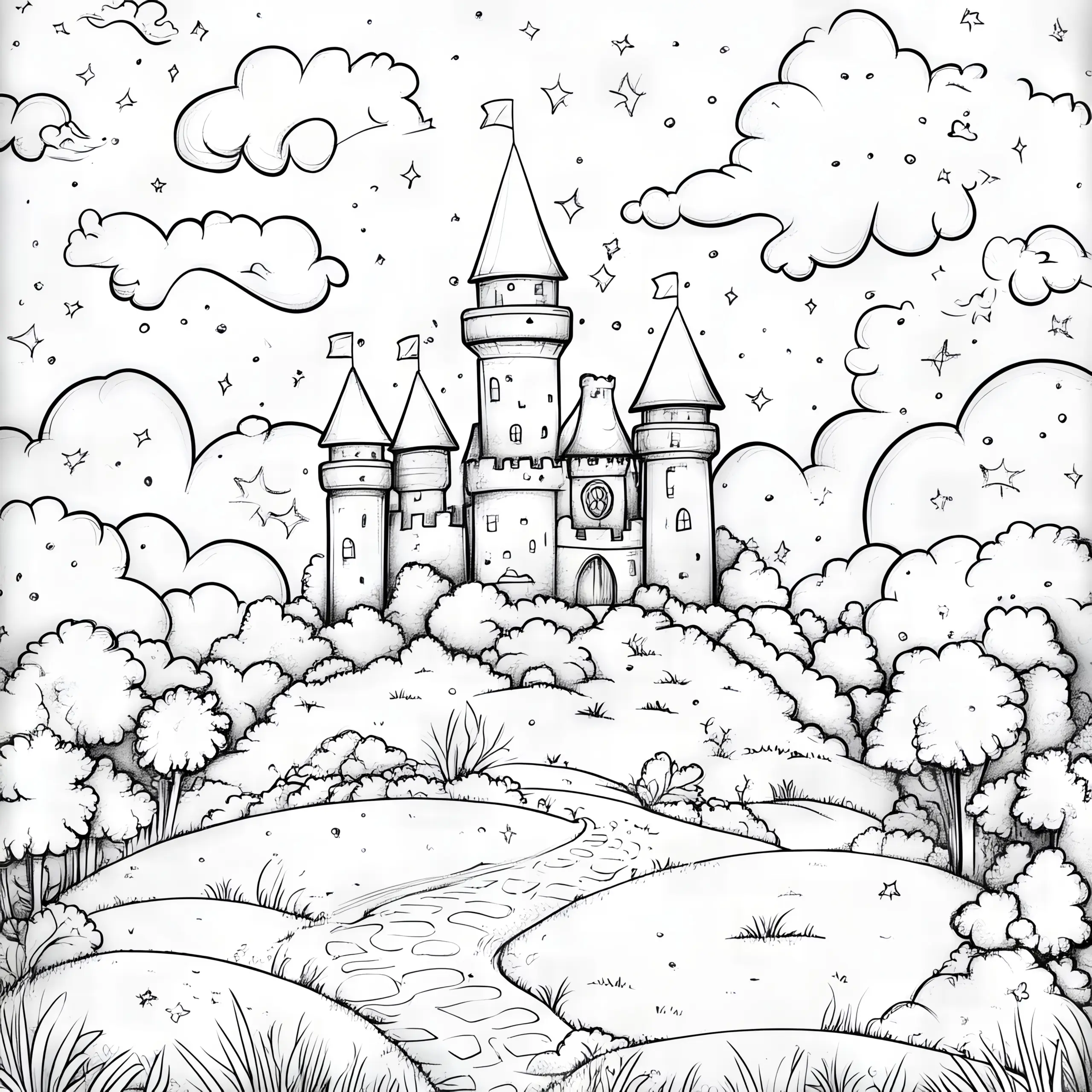 Märchenschloss im Dickicht: Fantasievolles Ausmalbild zum Download (Gratis)