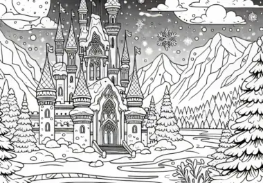 Märchenschloss in verschneiter Winterlandschaft – Ausmalbild kostenlos