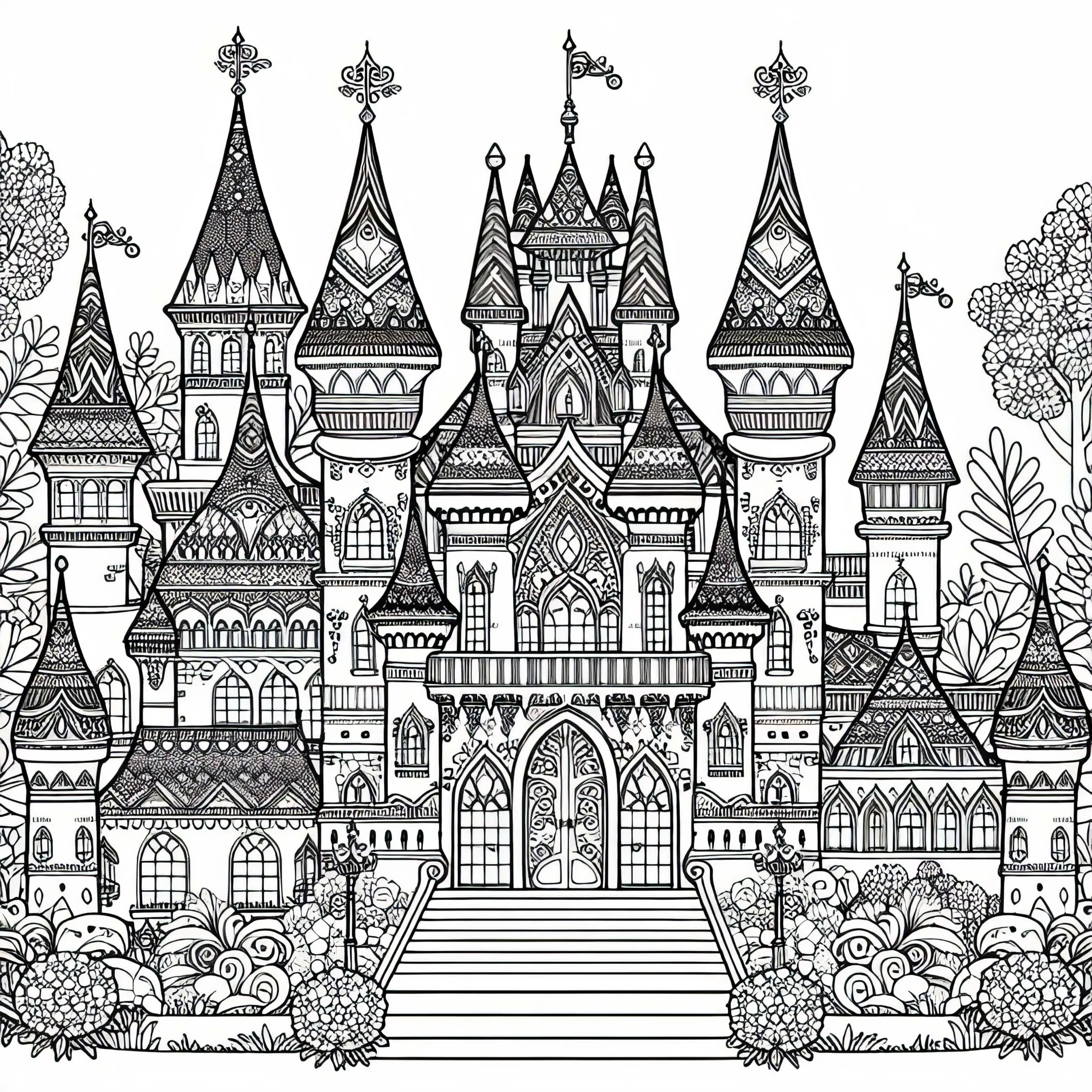 Märchenschloss mit Türmen – Ausmalbild für Mädchen ab neun kostenlos