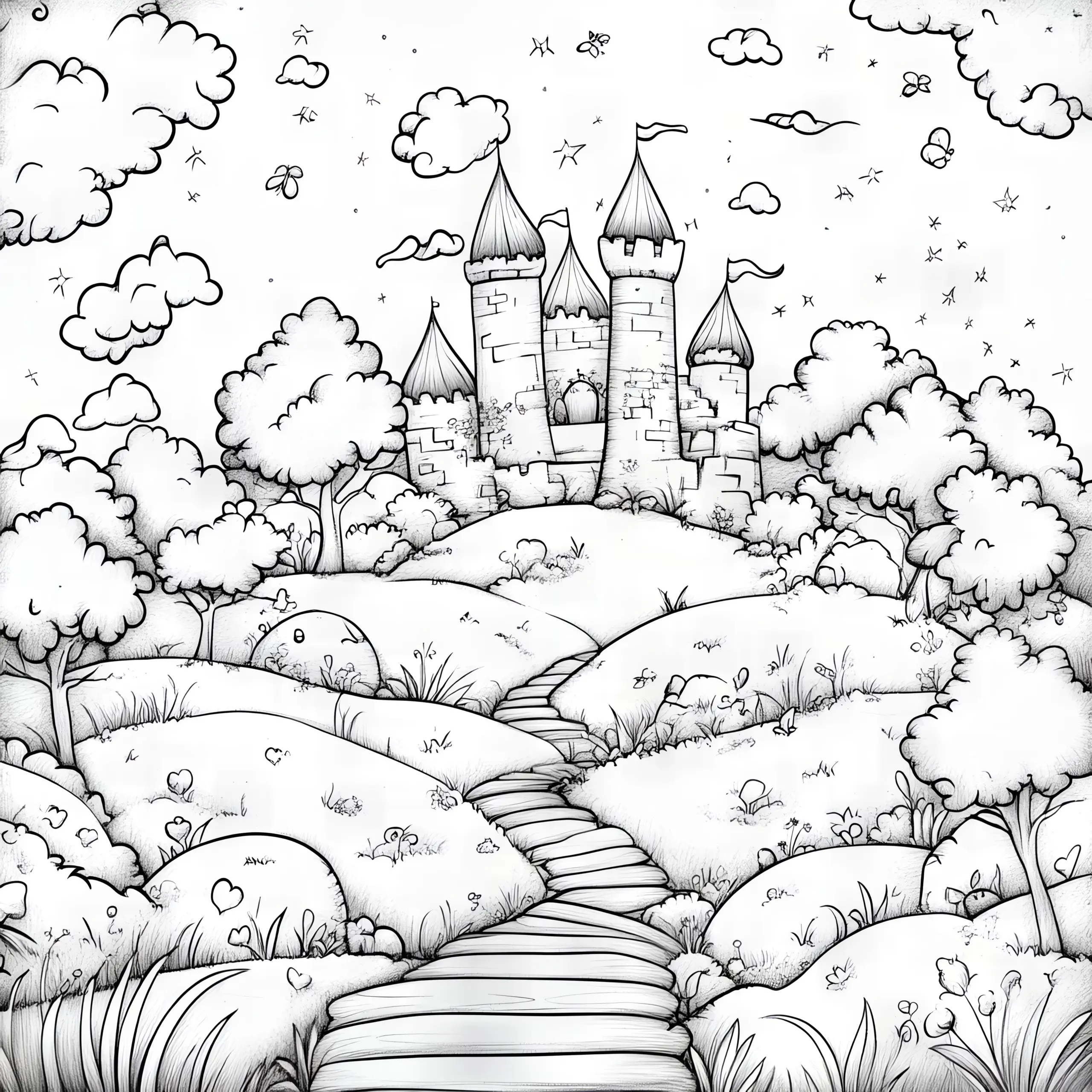 Märchenschloss im traumhaften Wald: Malvorlage zum kostenlosen Download (Ausmalbild)