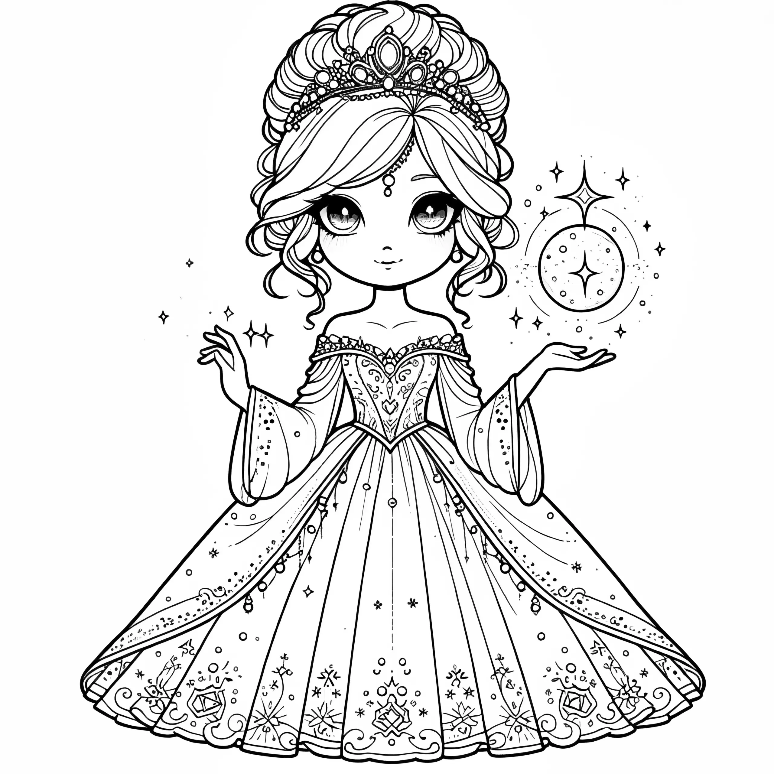 Magische Prinzessin mit Zauberkugel, Krone und Kleid (Gratis) (Ausmalbild)
