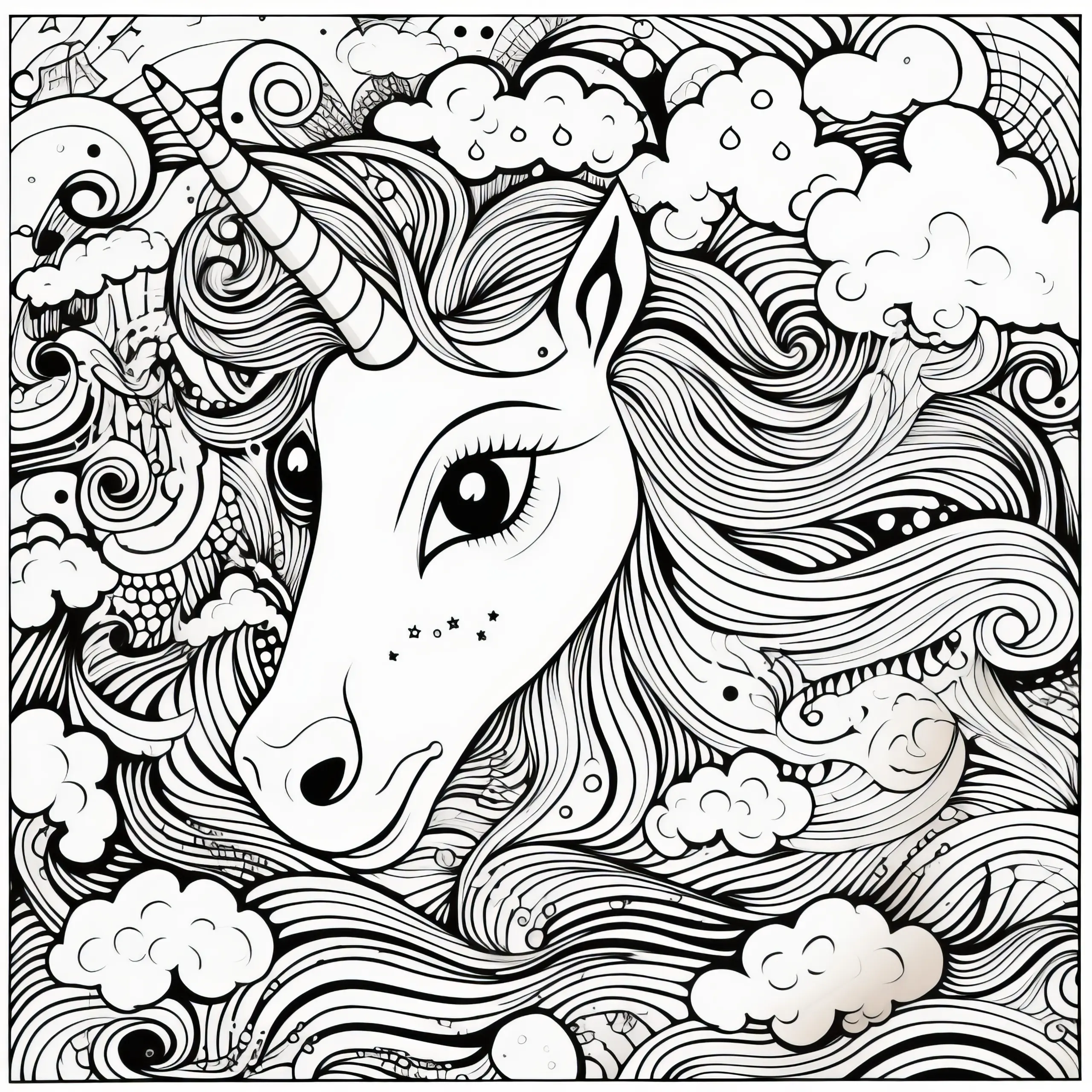 Magischer Einhorn-Kopf: Kostenlose Malvorlage zum Download (Gratis) (Ausmalbild)