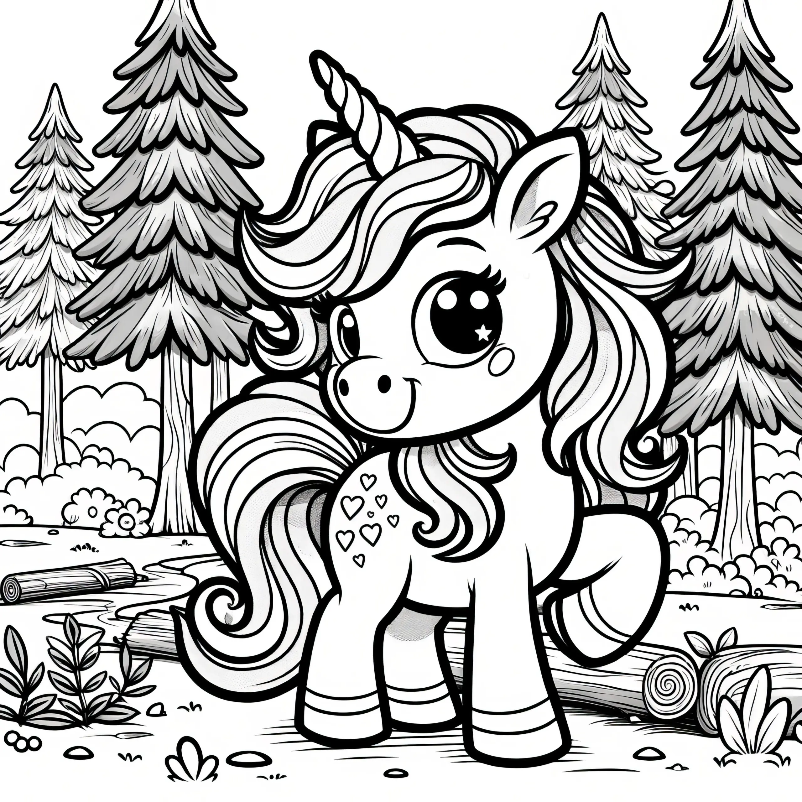 Magisches Einhorn-Pony im Zauberwald: Einfache Malvorlage gratis (Ausmalbild)