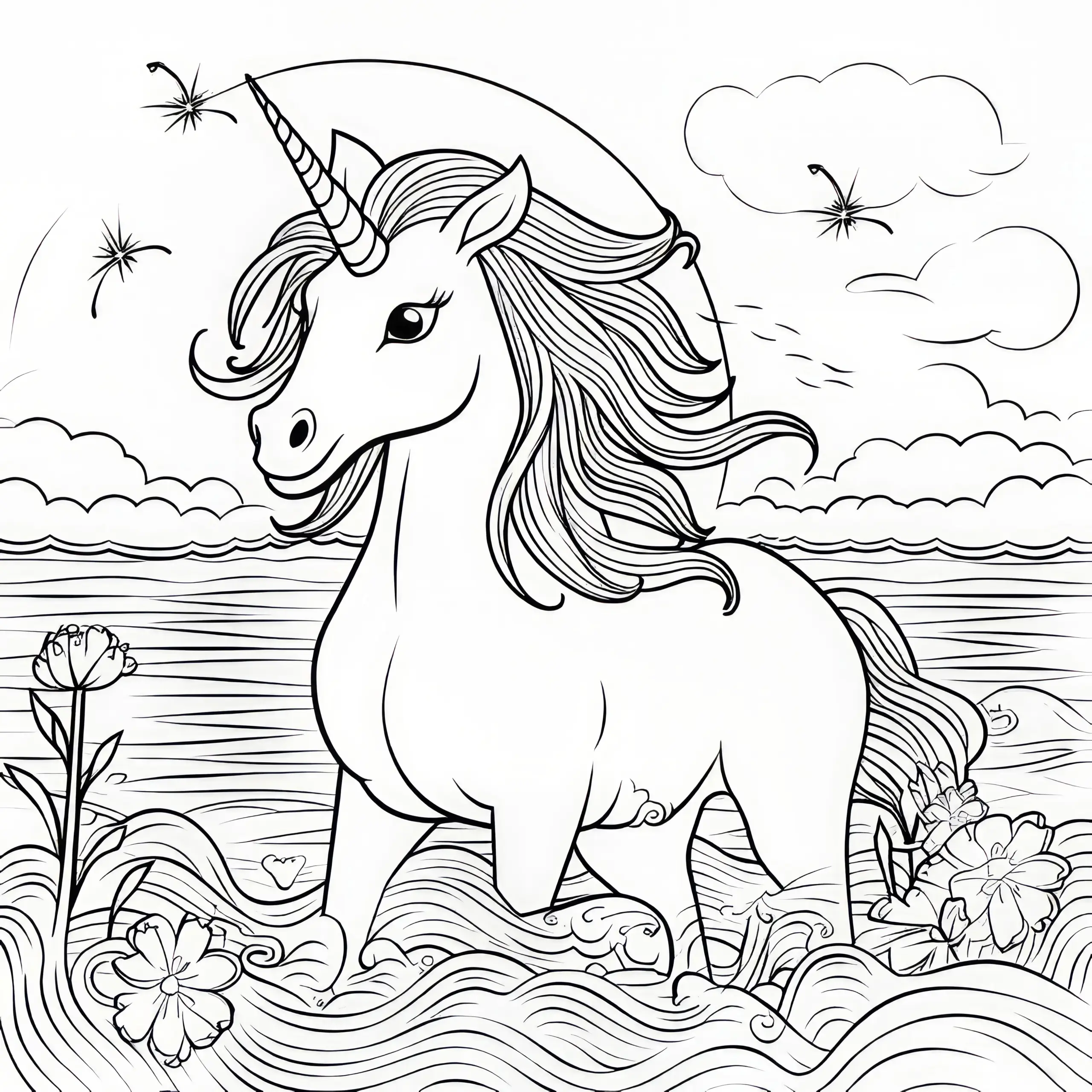 Magisches Einhorn steht im Meer: Kostenloses Ausmalbild zum Download