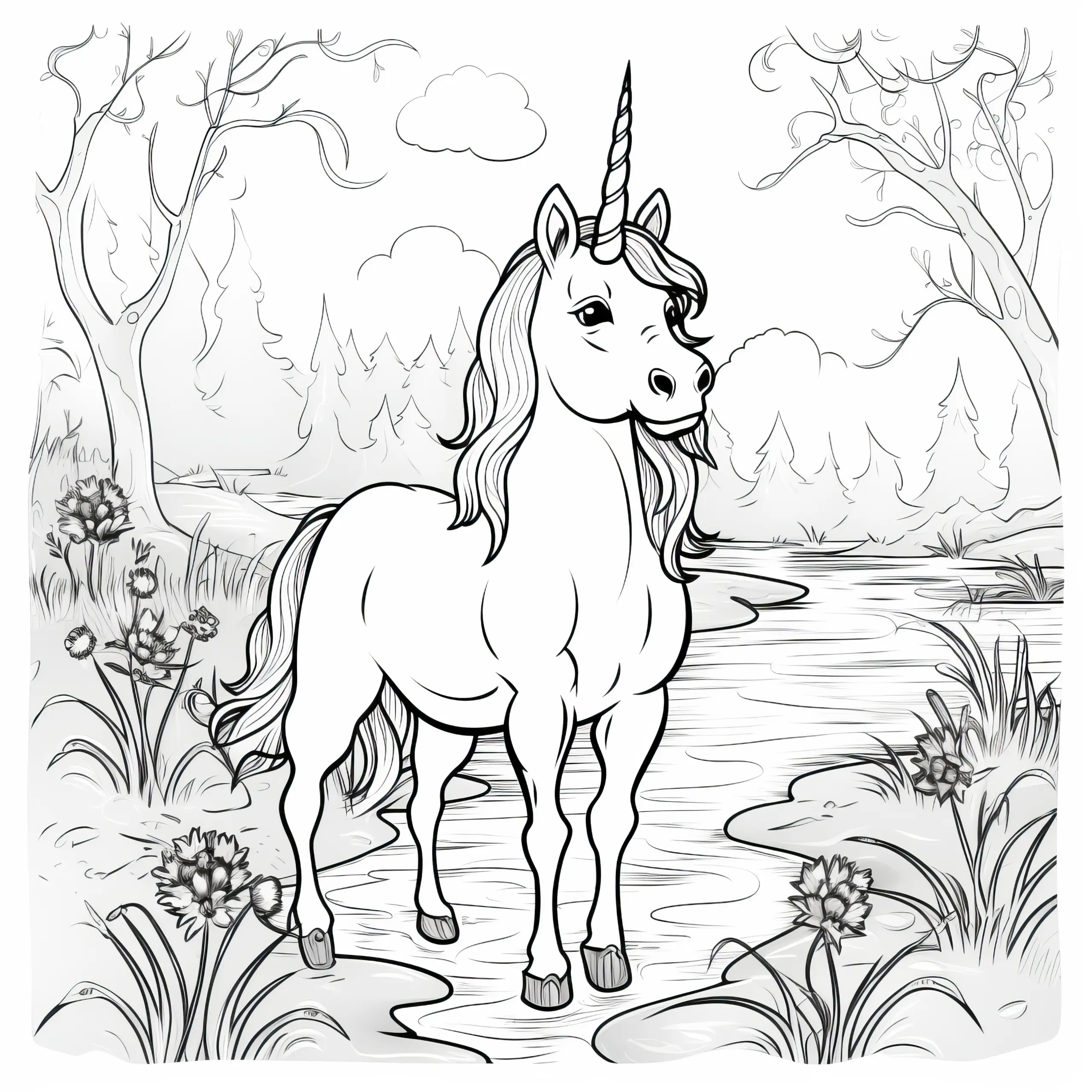 Magisches Einhorn am Waldbach: Bild zum Ausmalen (Kostenlos) (Ausmalbild)