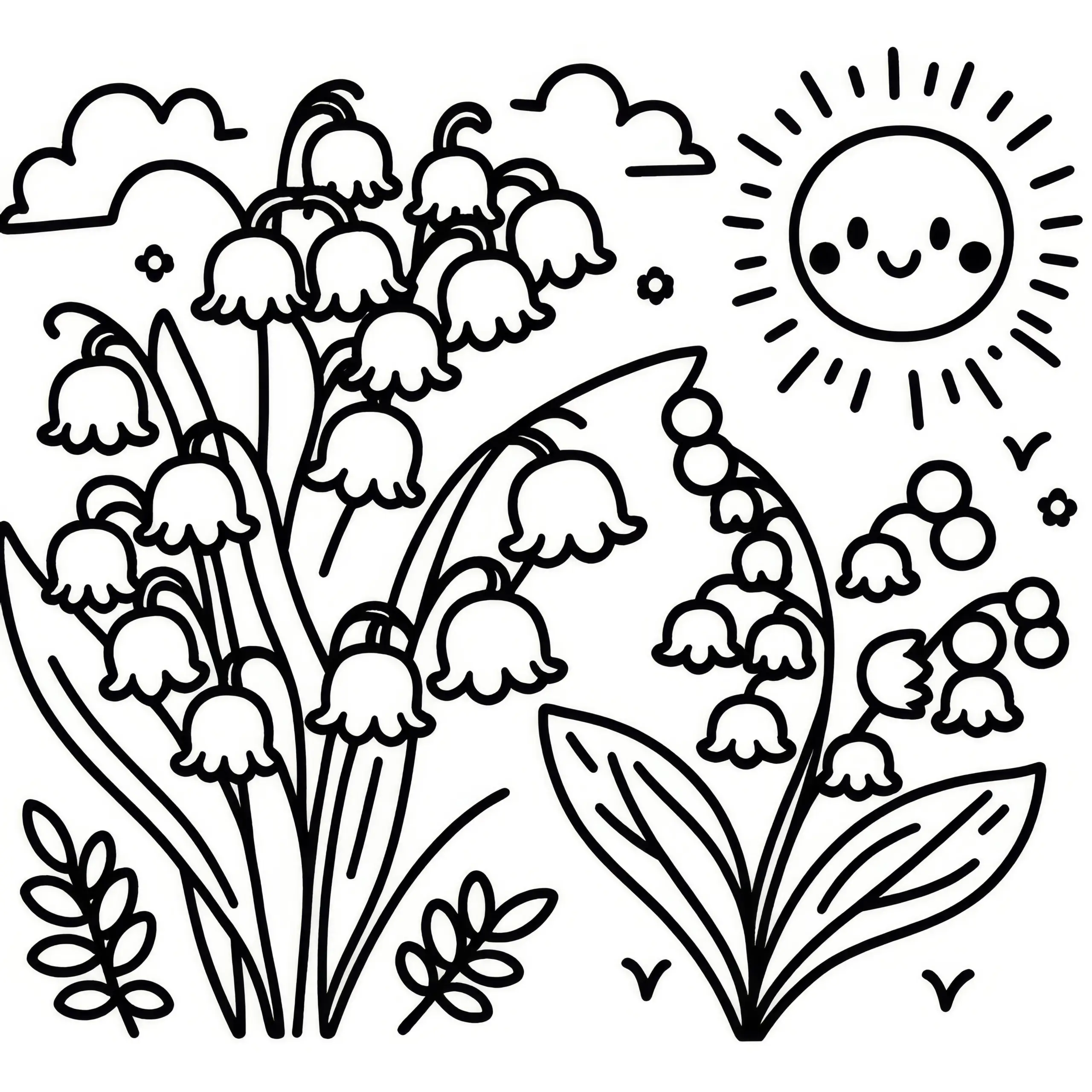 Maiglöckchen und lachende Sonne: Einfache Malvorlage für Kinder (Gratis) (Ausmalbild)