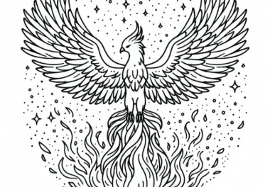 Majestätischer Phoenix erhebt sich mit ausgebreiteten Flügeln aus glühender Asche – Ausmalbild gratis