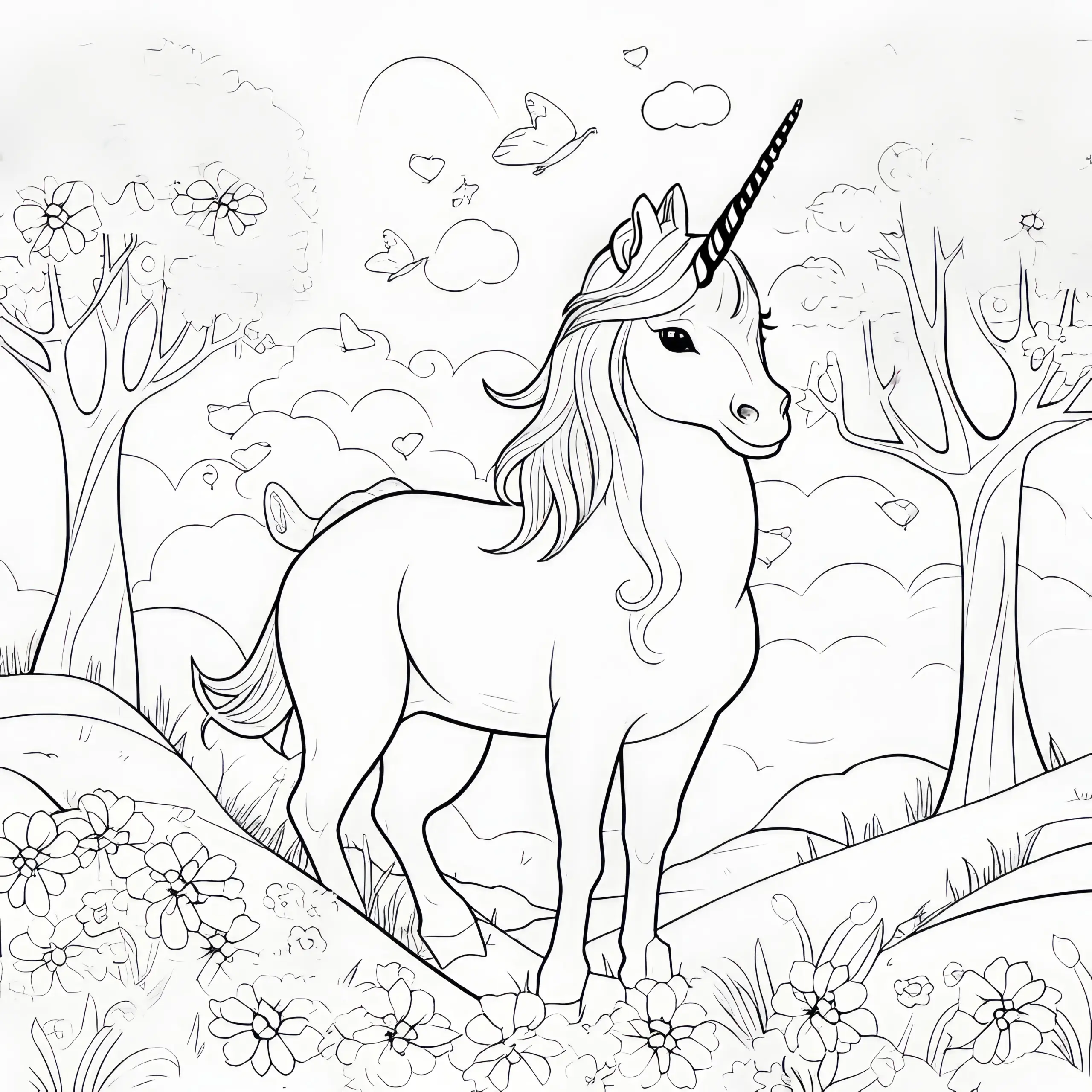 Majestätisches Einhorn in Naturlandschaft: Bild zum Ausmalen (Gratis) (Ausmalbild)