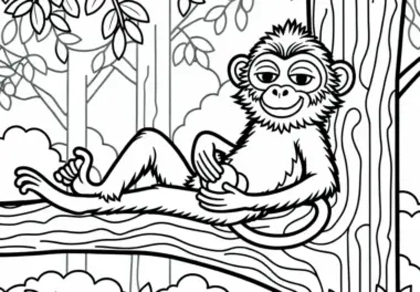 Makake sitzt entspannt auf Baum und hält eine Frucht – Malvorlage kostenlos