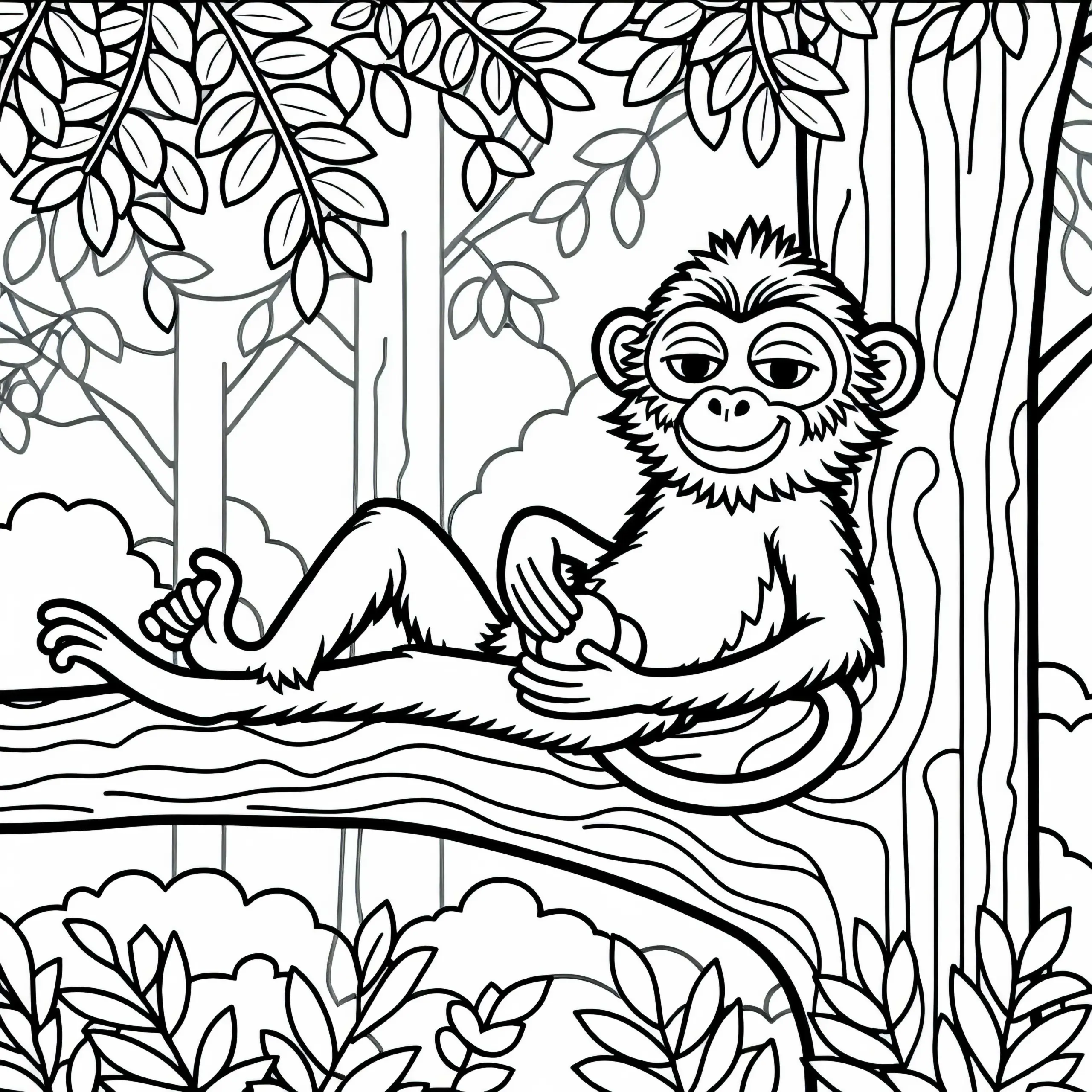 Makake sitzt entspannt auf Baum und hält eine Frucht – Malvorlage kostenlos (Ausmalbild)