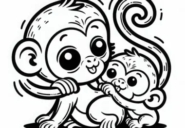 Makakenbaby spielt neugierig mit Mutter – Malvorlage gratis