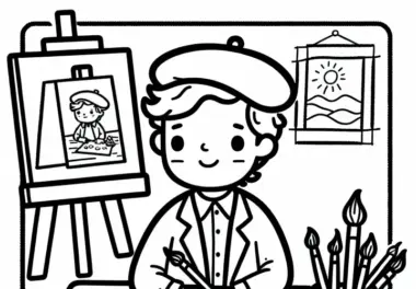 Maler im Atelier mit Skizzen und Leinwänden – Ausmalbild gratis