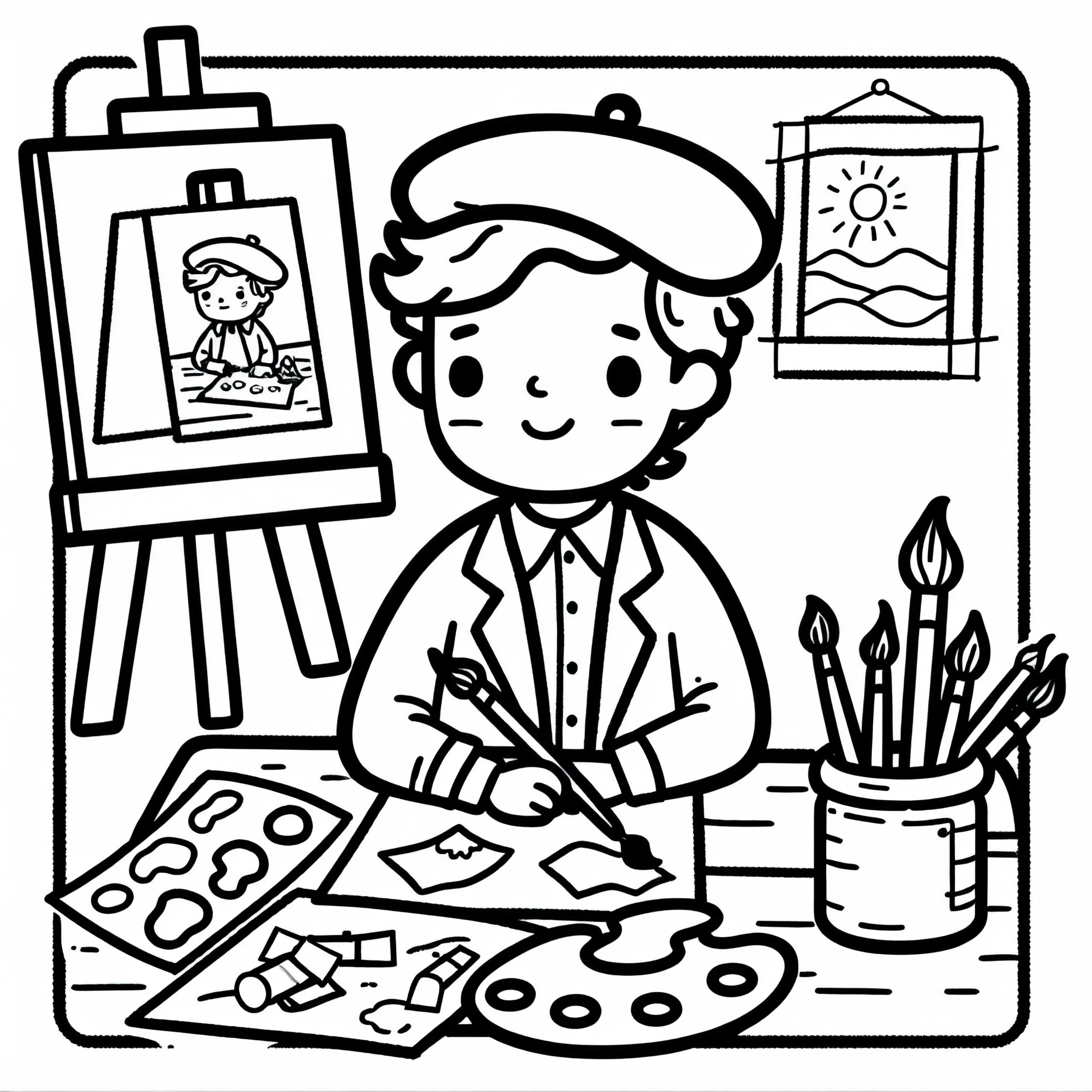 Maler im Atelier mit Skizzen und Leinwänden – Ausmalbild gratis
