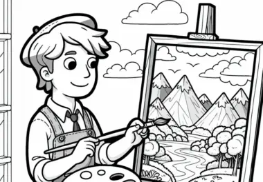Maler malt Landschaft auf Leinwand – Malvorlage kostenlos
