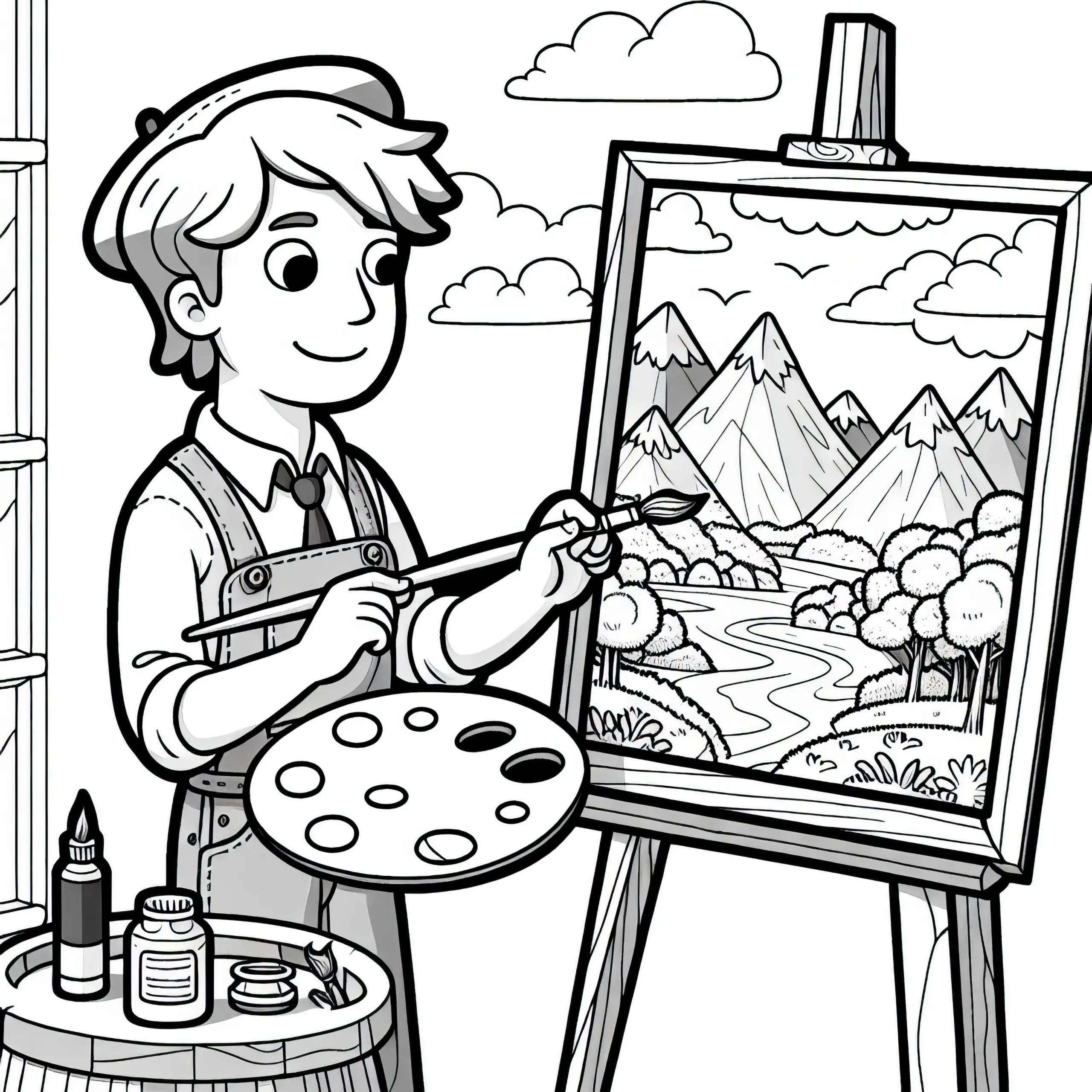 Maler malt Landschaft auf Leinwand – Malvorlage kostenlos (Ausmalbild)