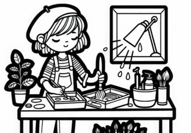 Malerin bei der Reinigung von Pinseln nach der Arbeit – Malvorlage kostenlos