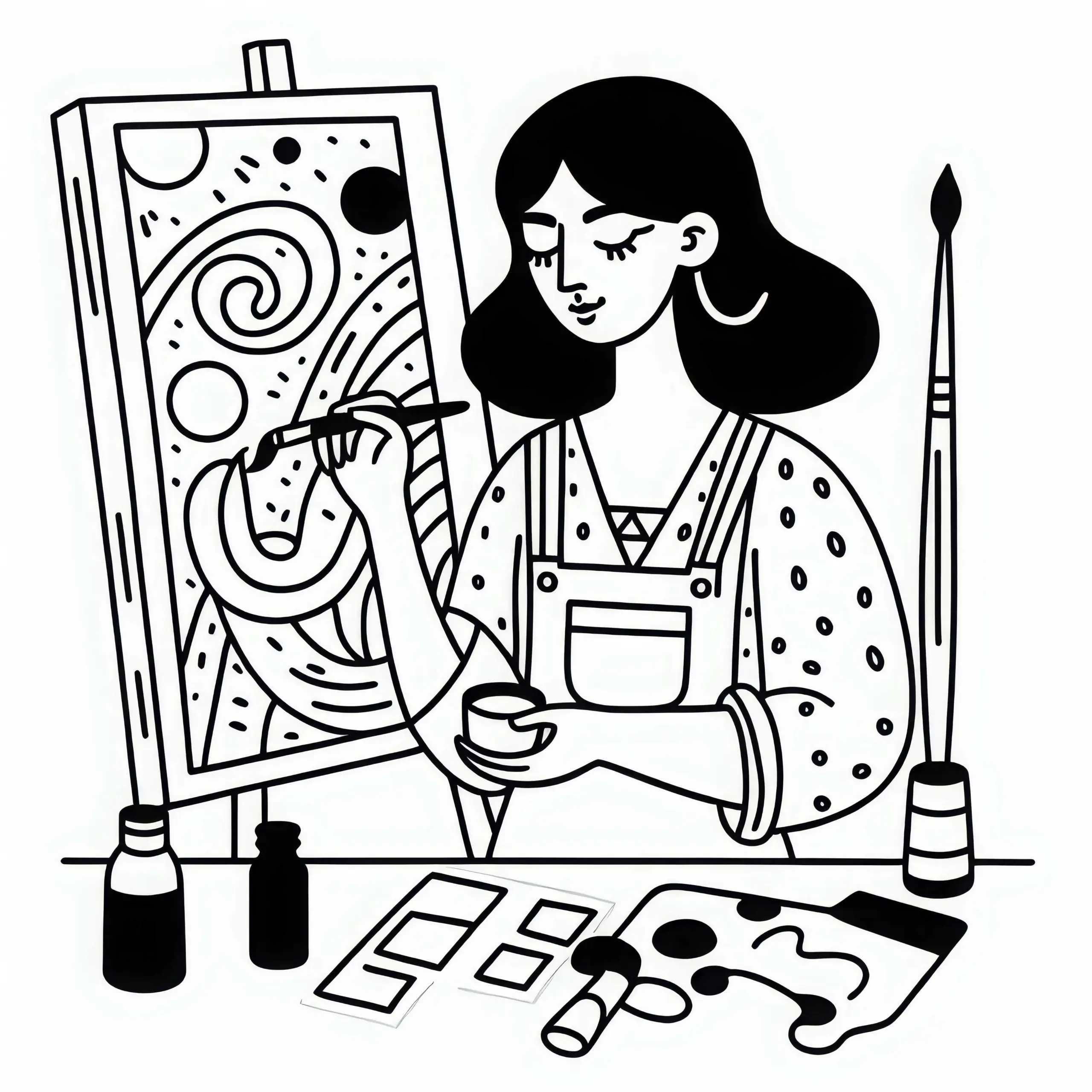 Malerin, die ein abstraktes Kunstwerk erschafft – Ausmalbild kostenlos
