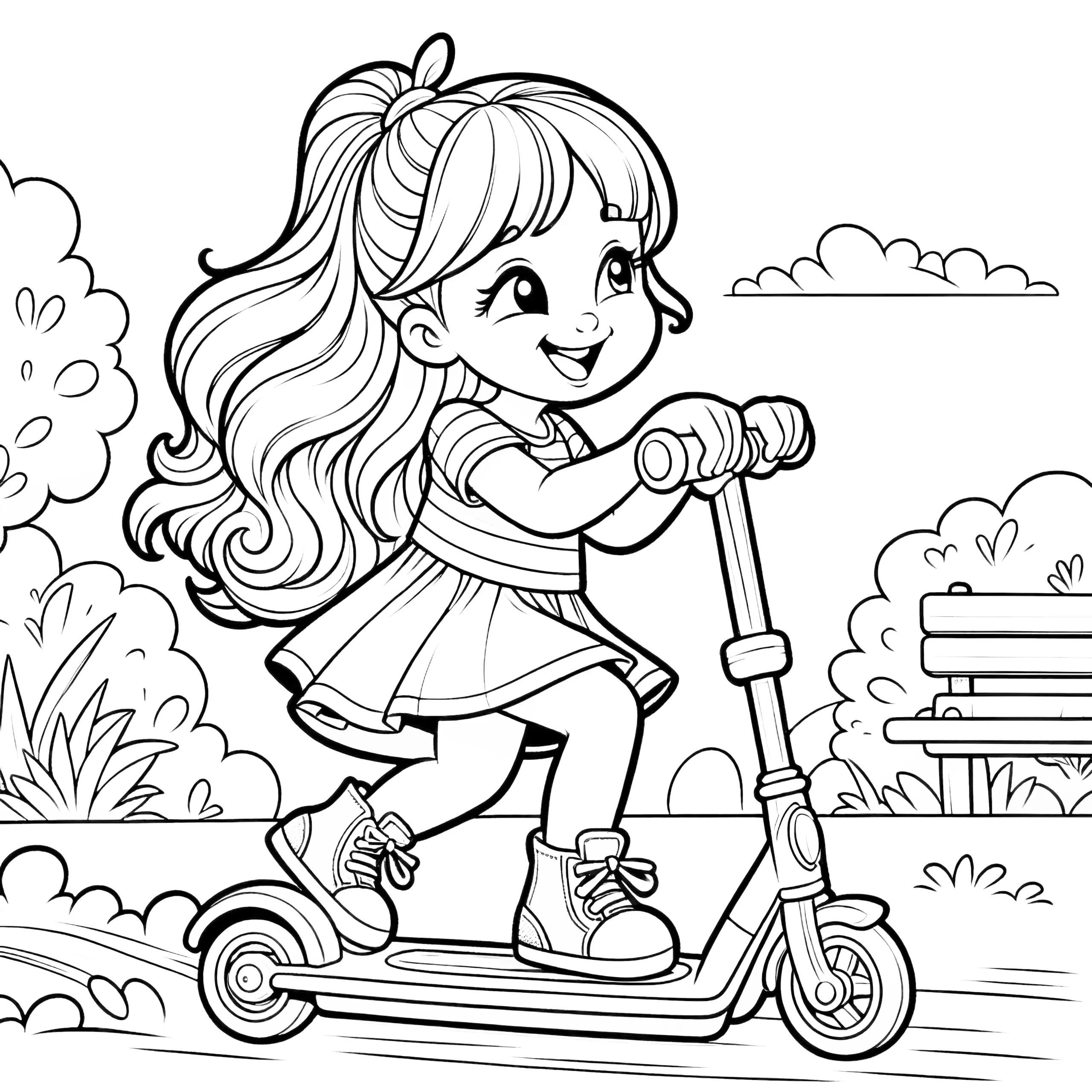 Malvorlage zum Ausdrucken: Prinzessin beim Rollerfahren im Park (Gratis) (Ausmalbild)