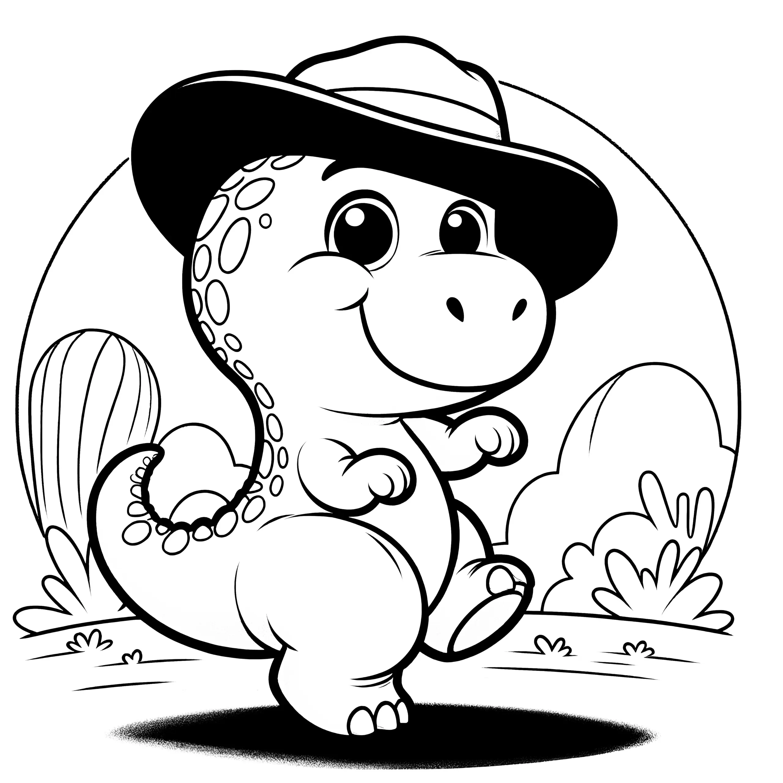 Malvorlage: Kleiner Dinosaurier beim Tanzen mit Hut (Ausmalbild)