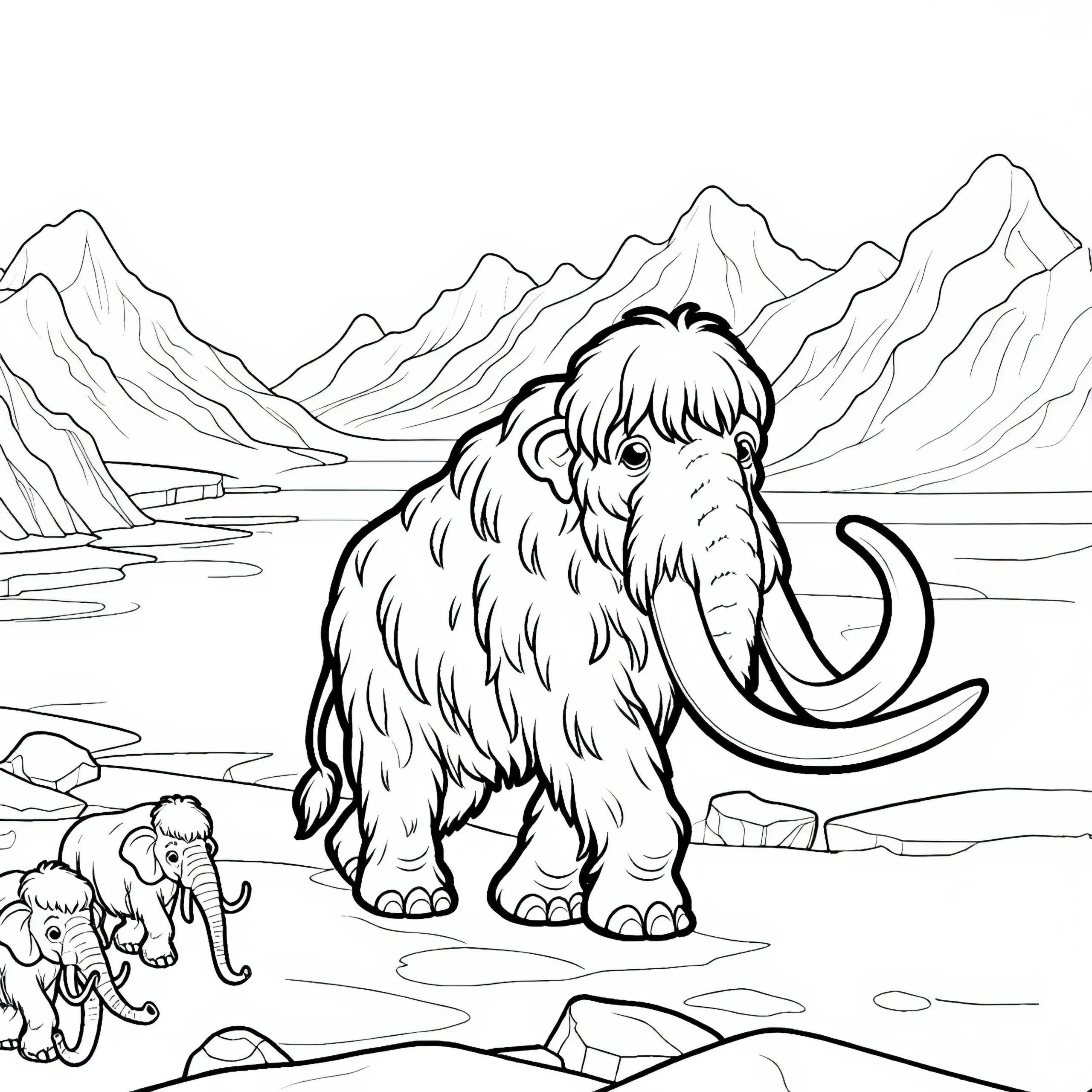 Mammut in Eiszeitlandschaft: Einfaches Ausmalbild (Gratis)
