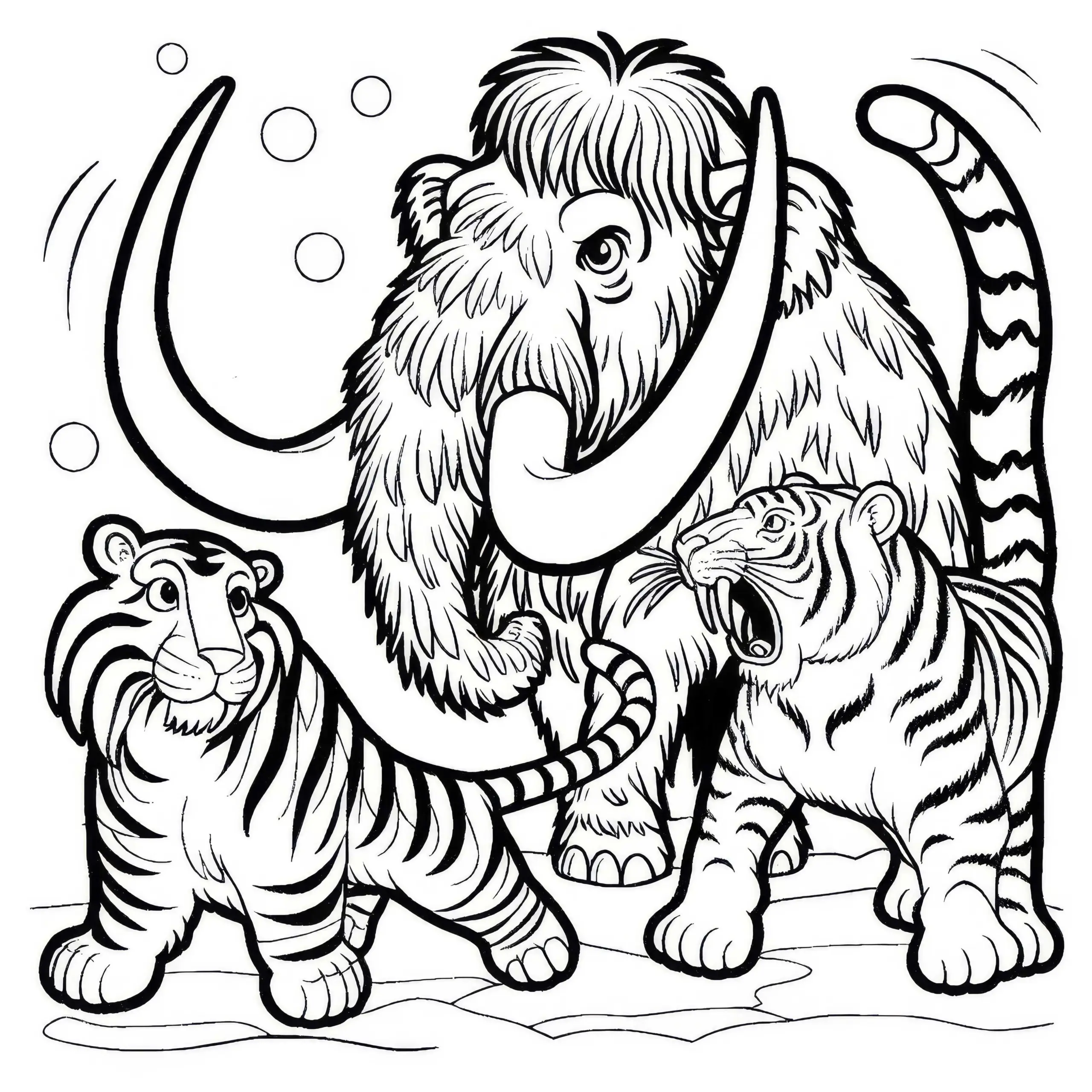 Mammut kämpft gegen Säbelzahntiger: Ausmalbild zum Herunterladen (Gratis)