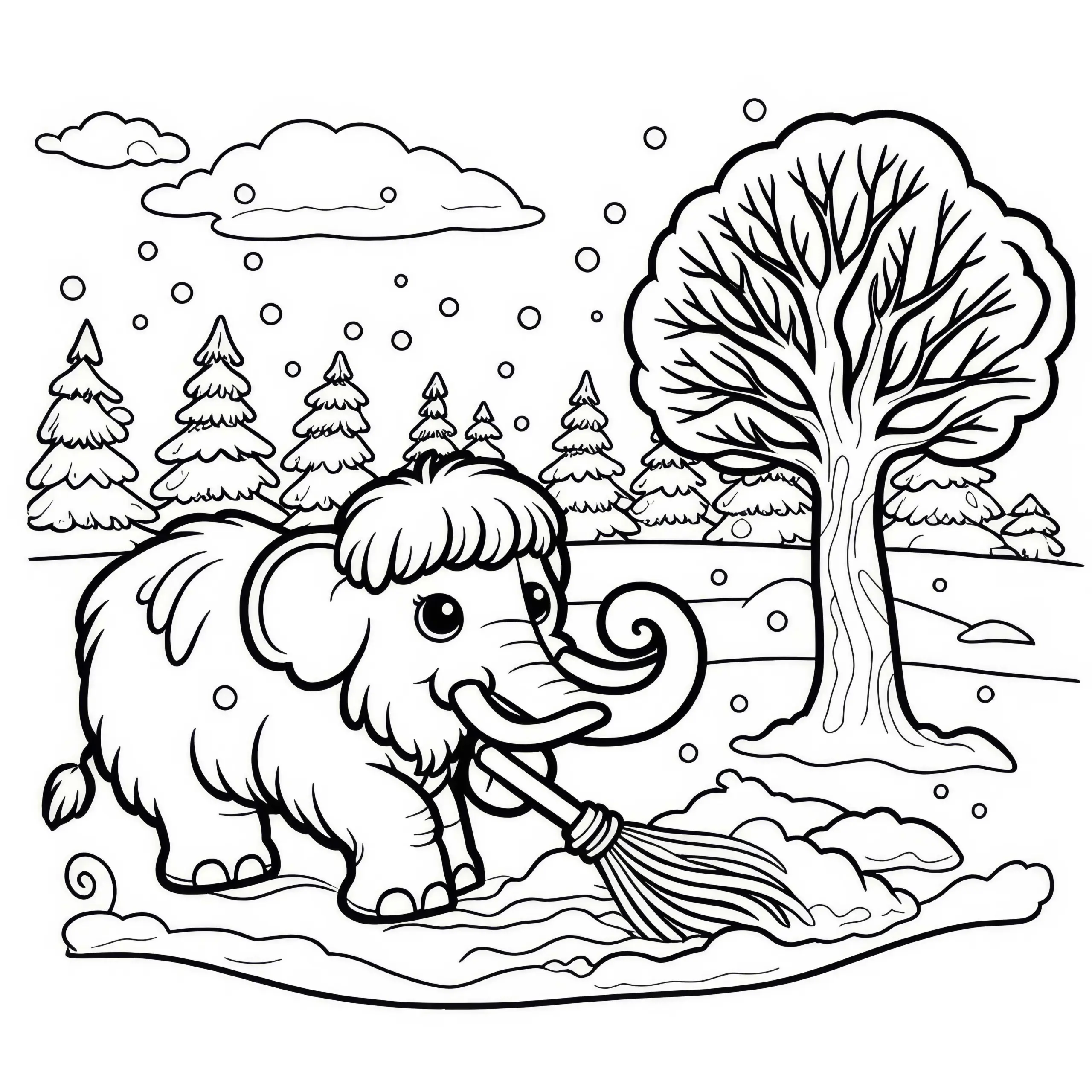Mammut schippt Schnee: Einfaches Ausmalbild (Kostenlos)