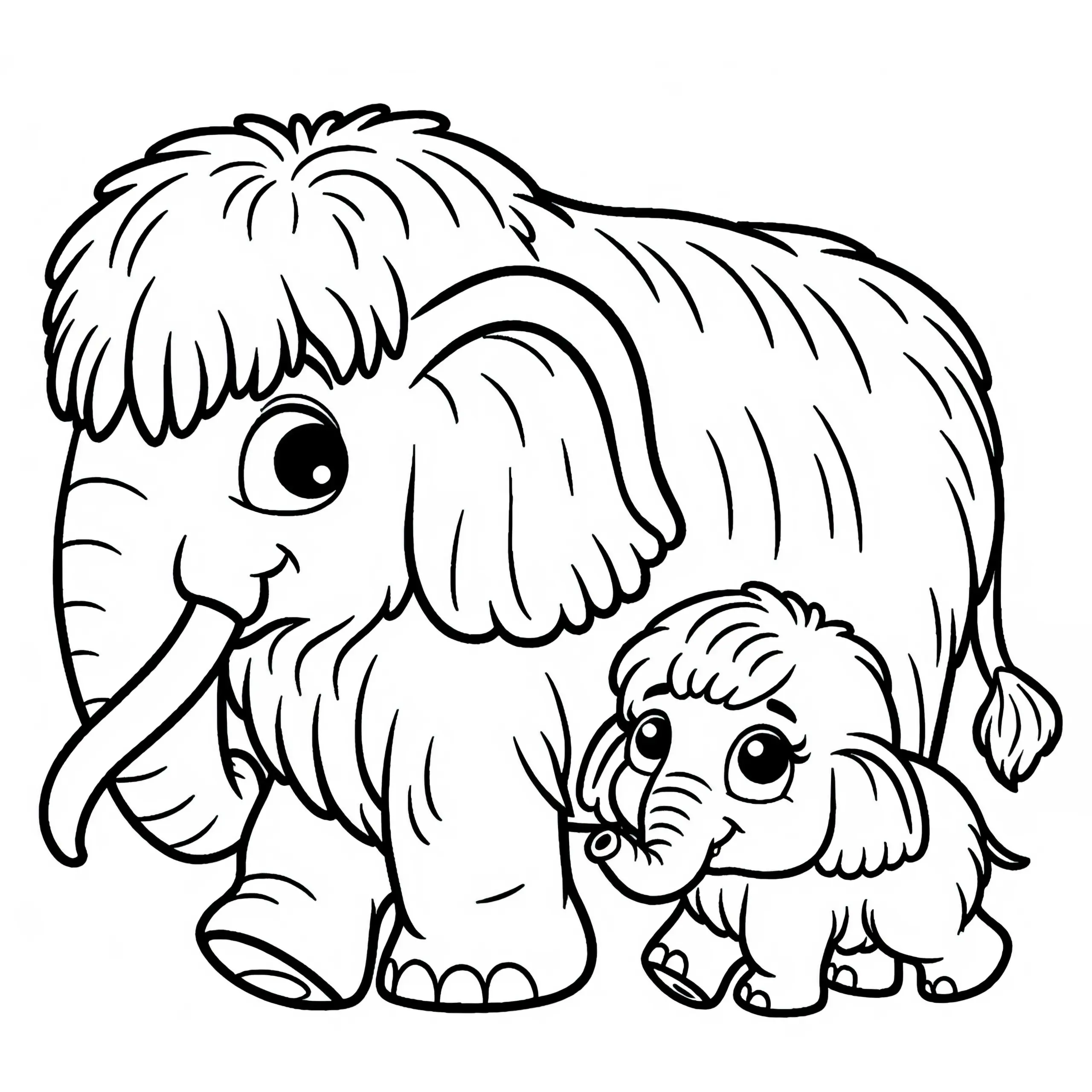 Mammutbaby mit Mutter: Einfache Malvorlage (Gratis) (Ausmalbild)