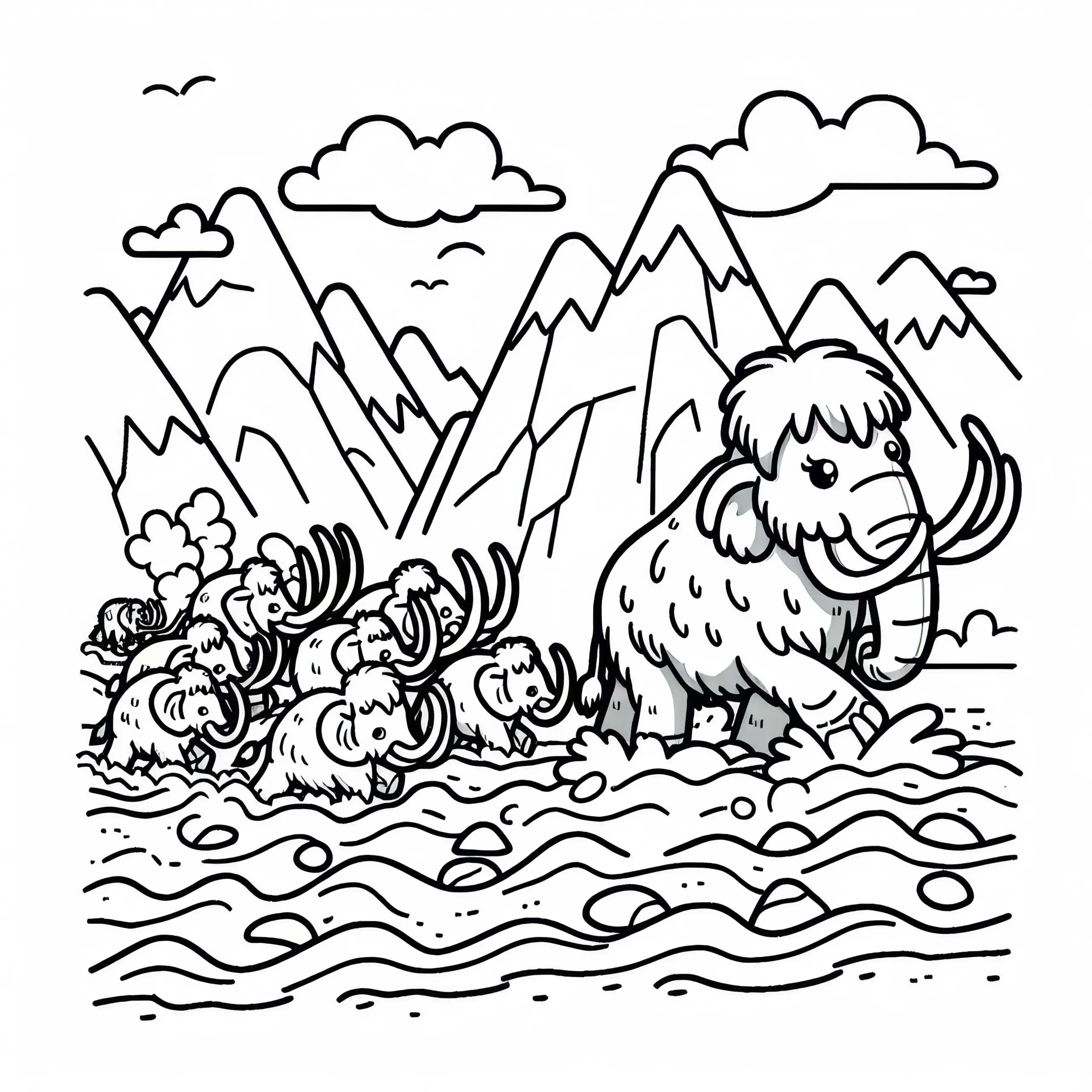 Mammutherde durchquert reißenden Fluss: Einfache Malvorlage (Kostenlos) (Ausmalbild)